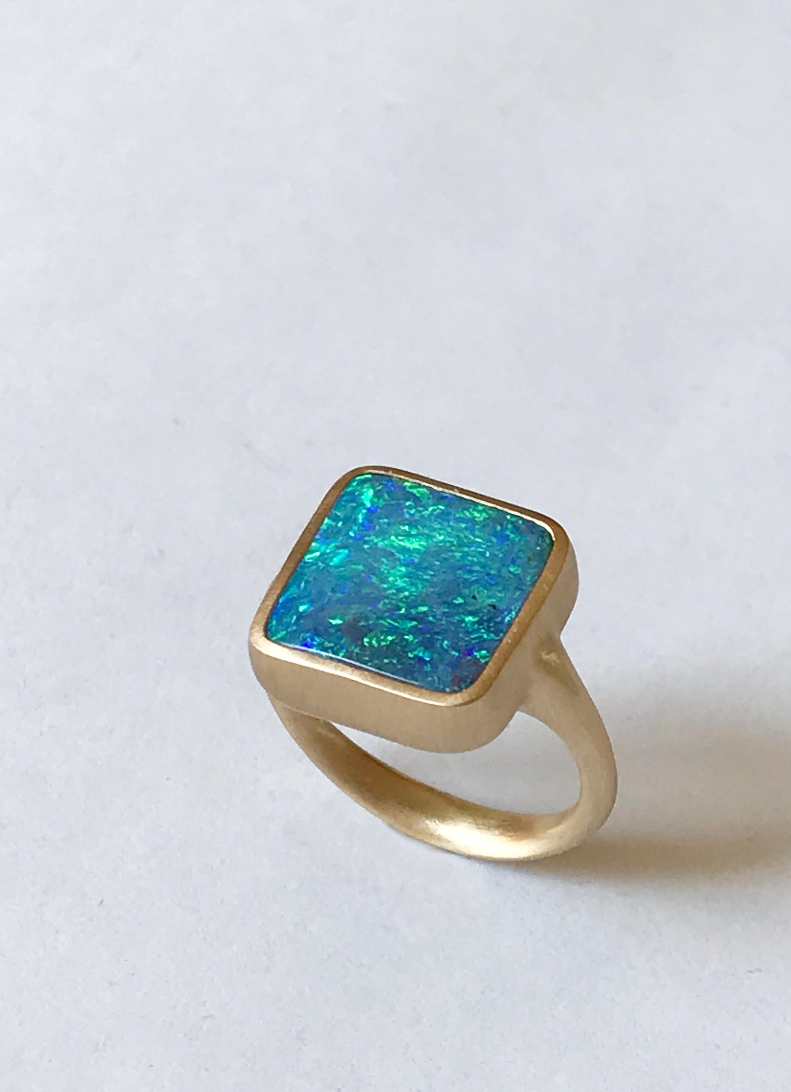 Dalben Blue Green Square Boulder Opal Yellow Gold Ring For Sale 2