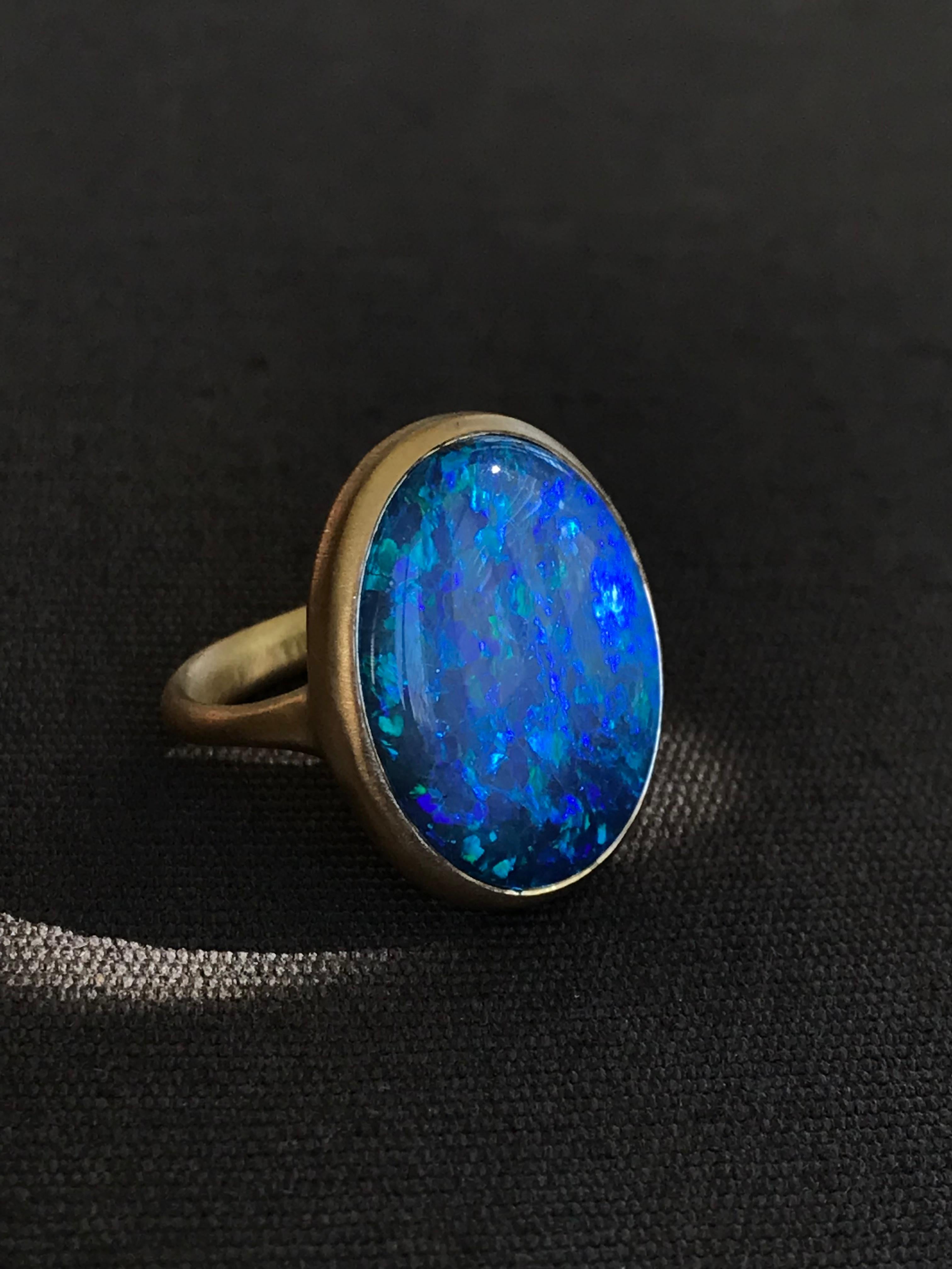 Dalben Blue Lightning Ridge Australian Opal Yellow Gold Ring For Sale 6