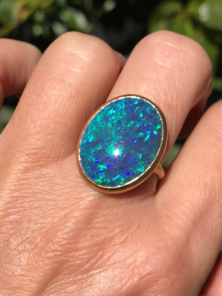 Dalben Blue Lightning Ridge Australian Opal Yellow Gold Ring For Sale