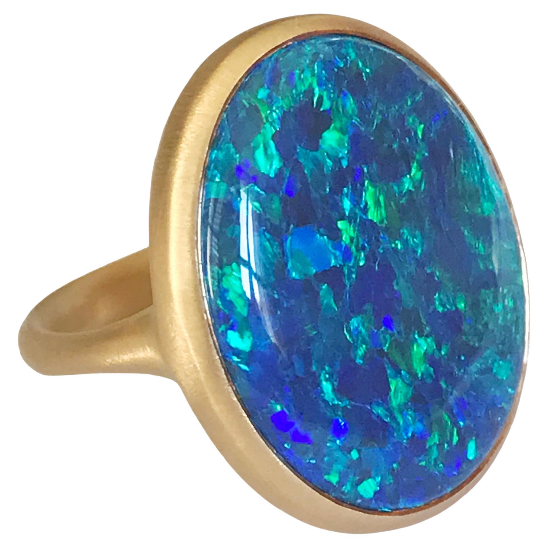 Dalben Blue Lightning Ridge Australian Opal Yellow Gold Ring For Sale
