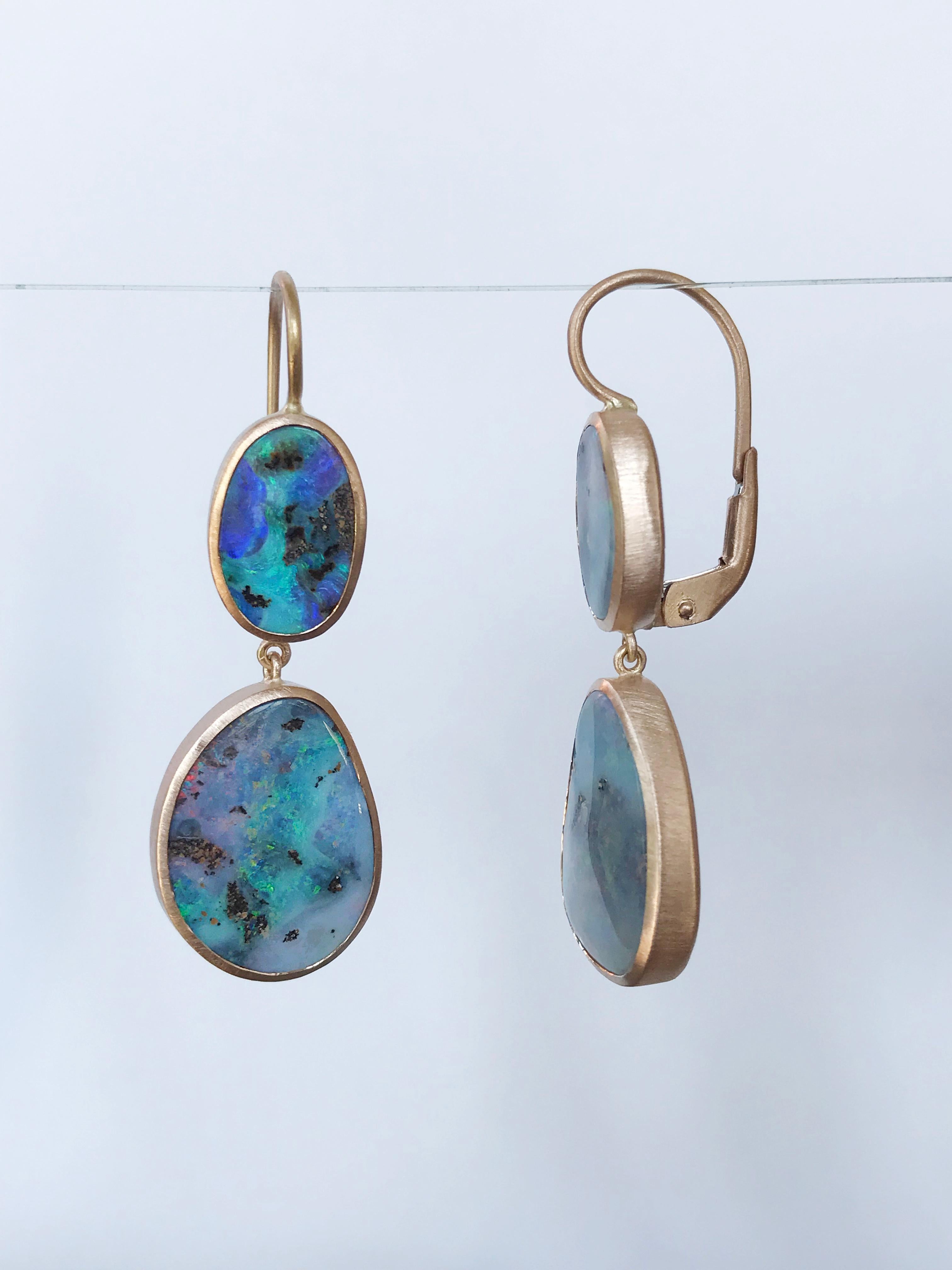 Dalben Blue Pink Australian Boulder Opal Rose Gold Earrings For Sale 4