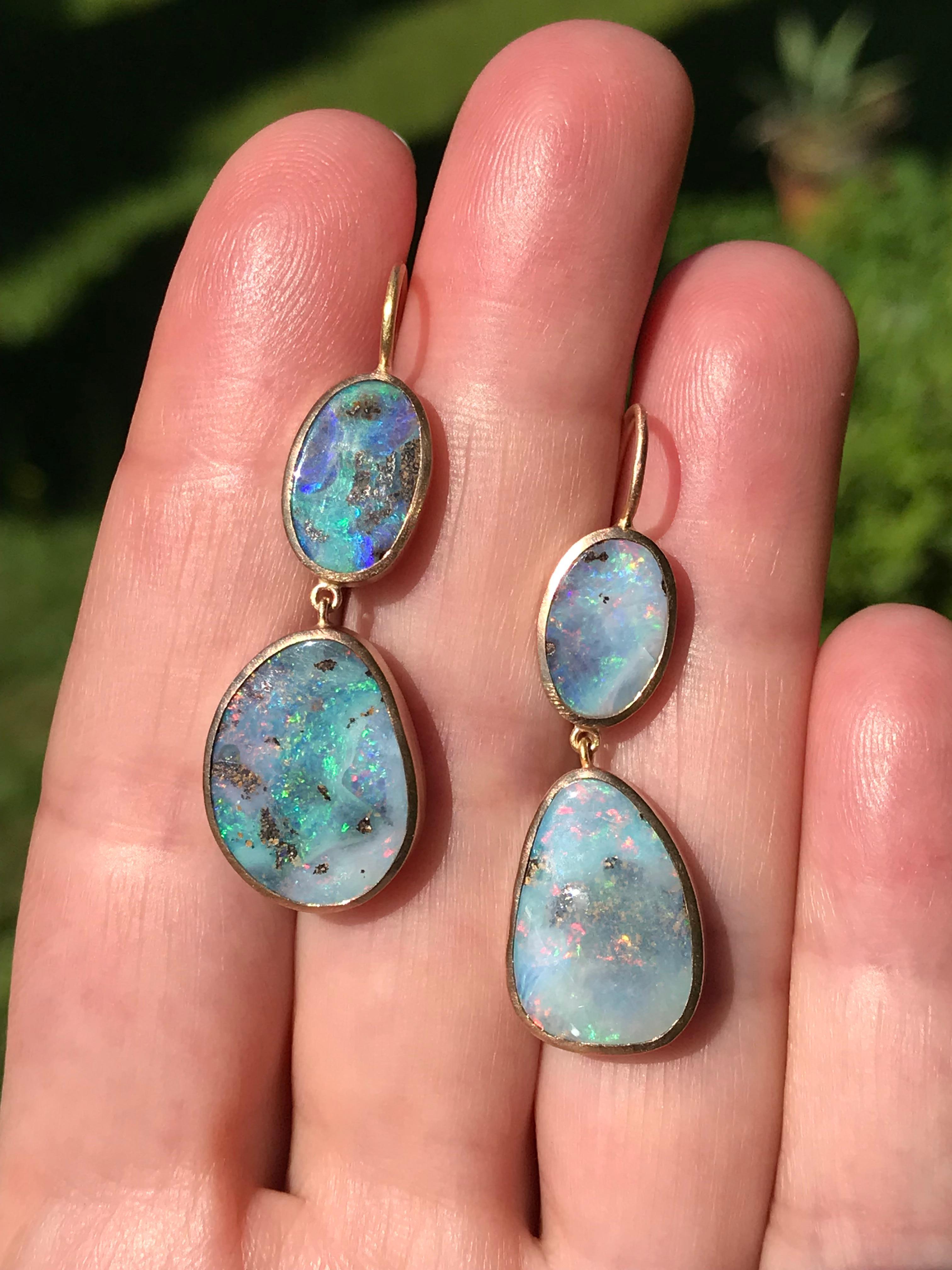 Dalben design  18k rose gold satin finishing  earrings with four bezel-set  light blue pink Australian solid boulder opals weight 14,5 carats . 
Bezel stone dimensions :
max width 13,3 mm
height without leverback 33,4 and 31,7 mm
height with