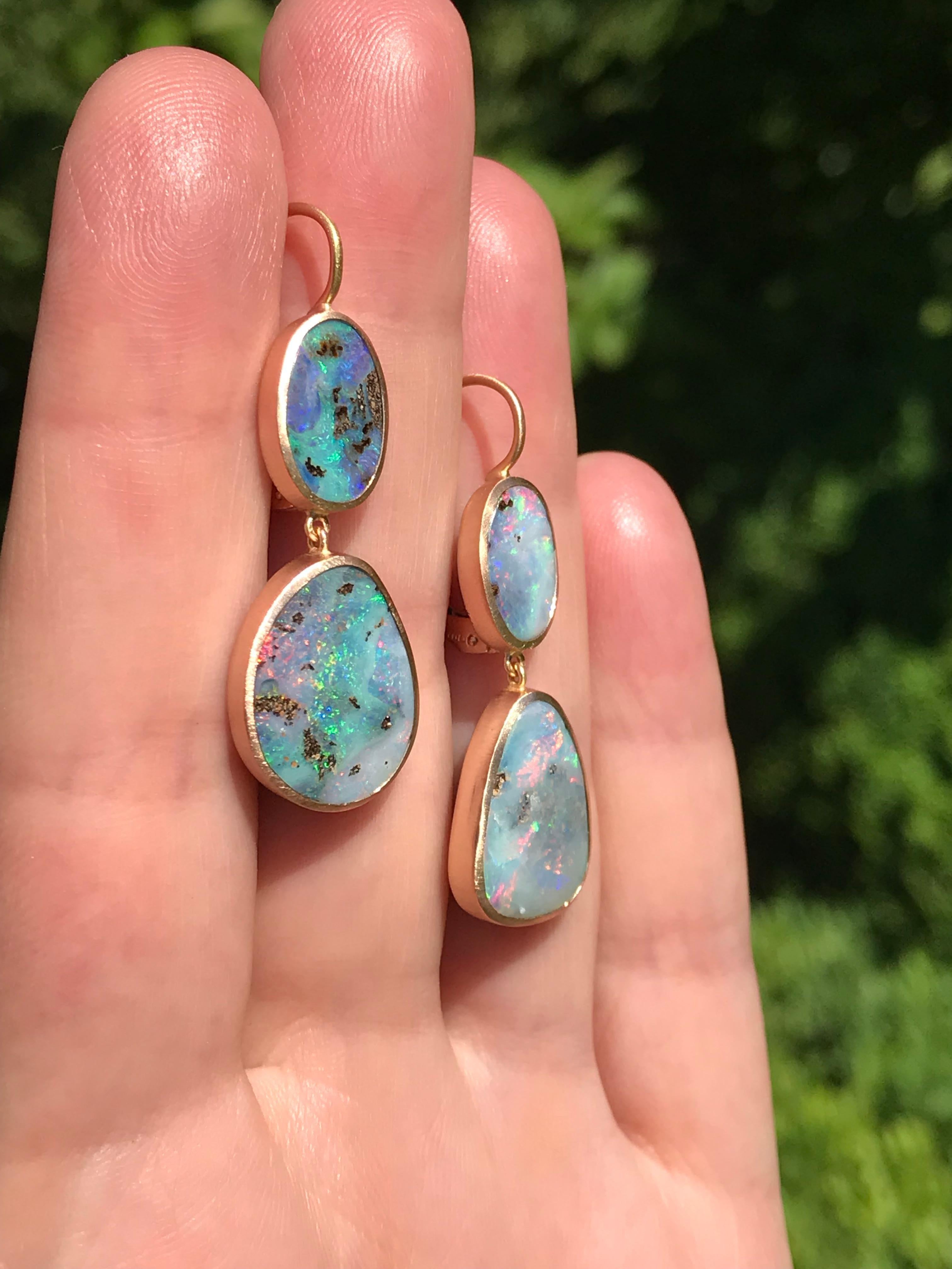 Contemporary Dalben Blue Pink Australian Boulder Opal Rose Gold Earrings For Sale
