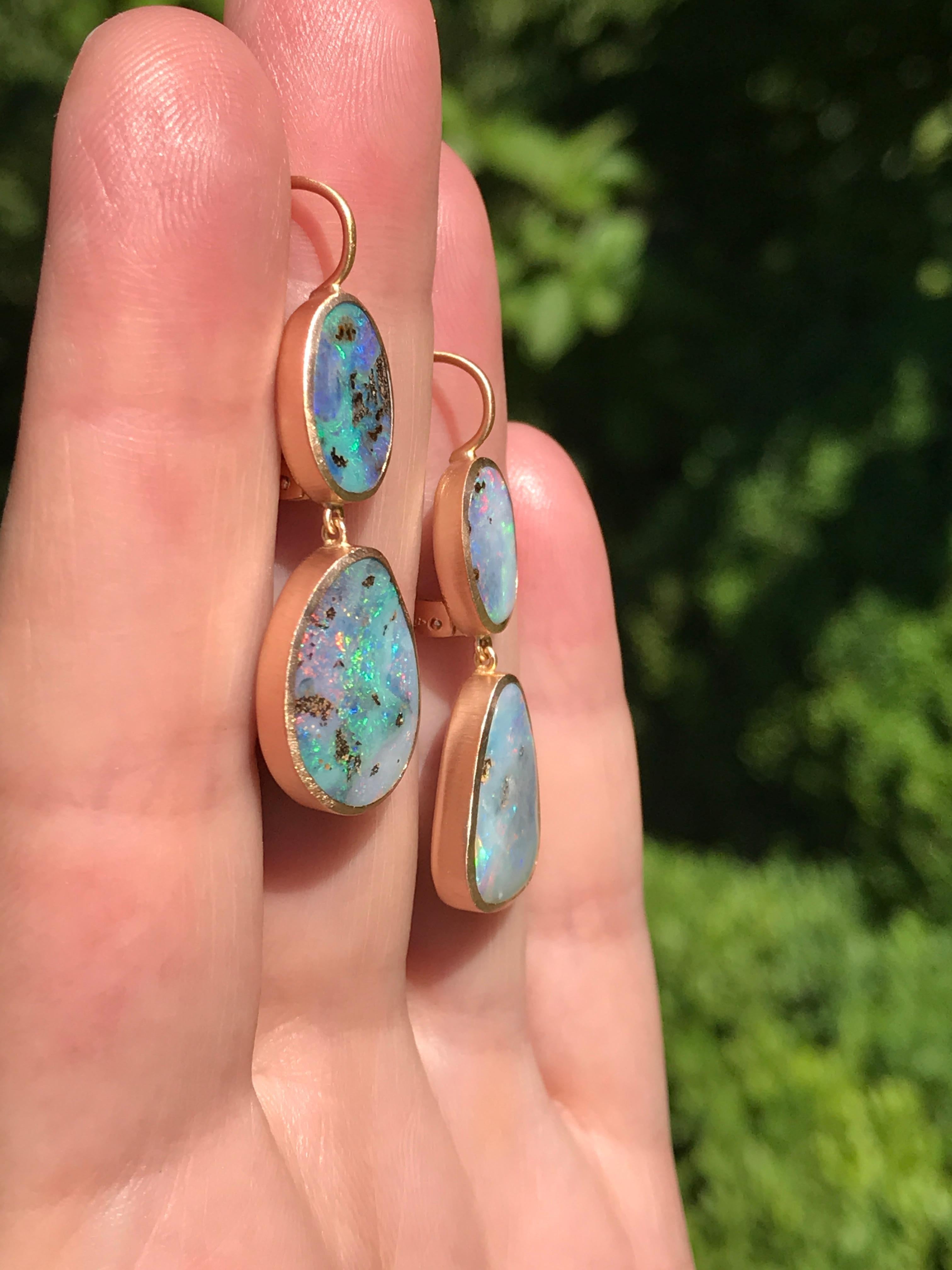 Mixed Cut Dalben Blue Pink Australian Boulder Opal Rose Gold Earrings For Sale