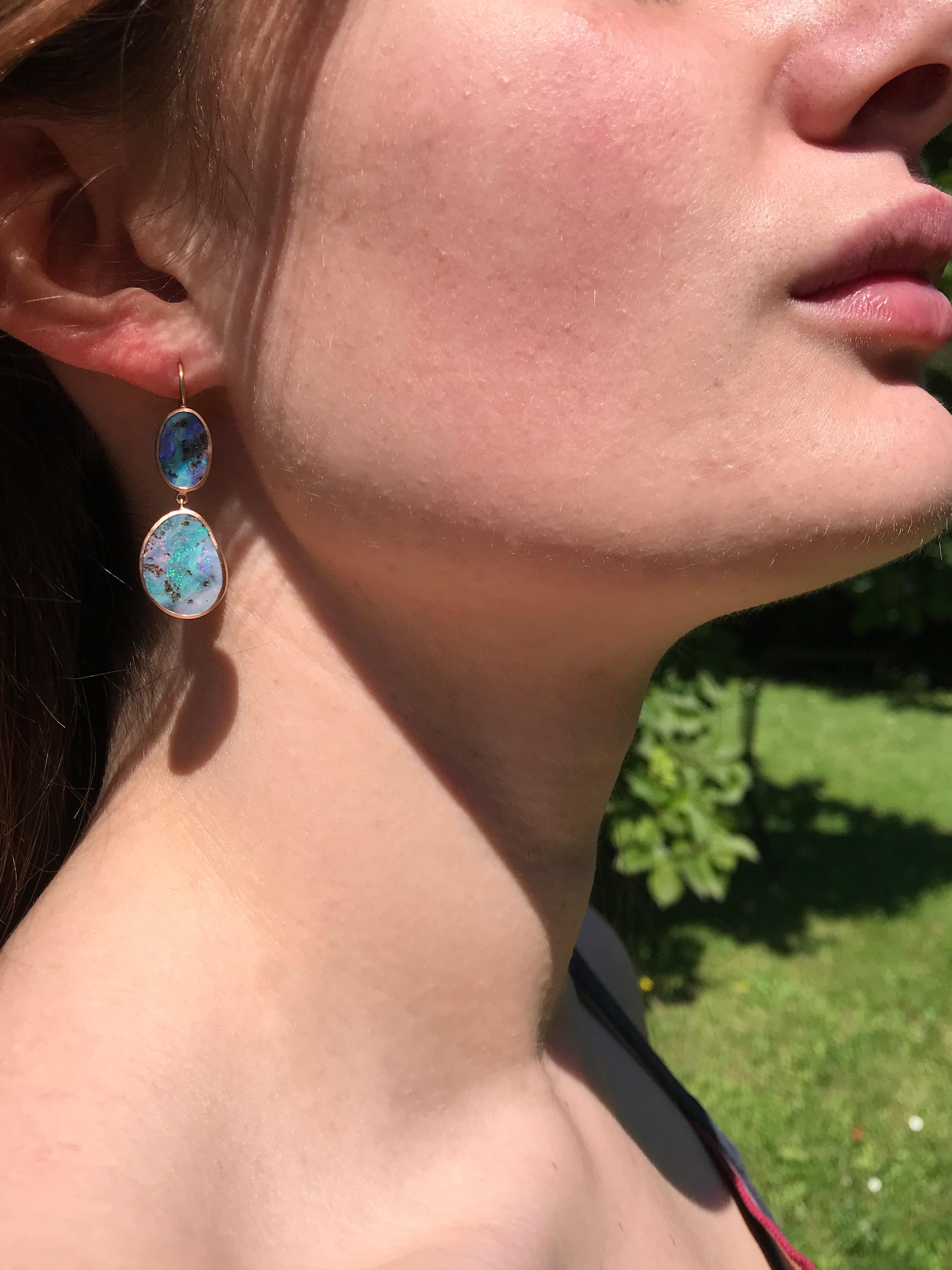 Dalben Blue Pink Australian Boulder Opal Rose Gold Earrings For Sale 1