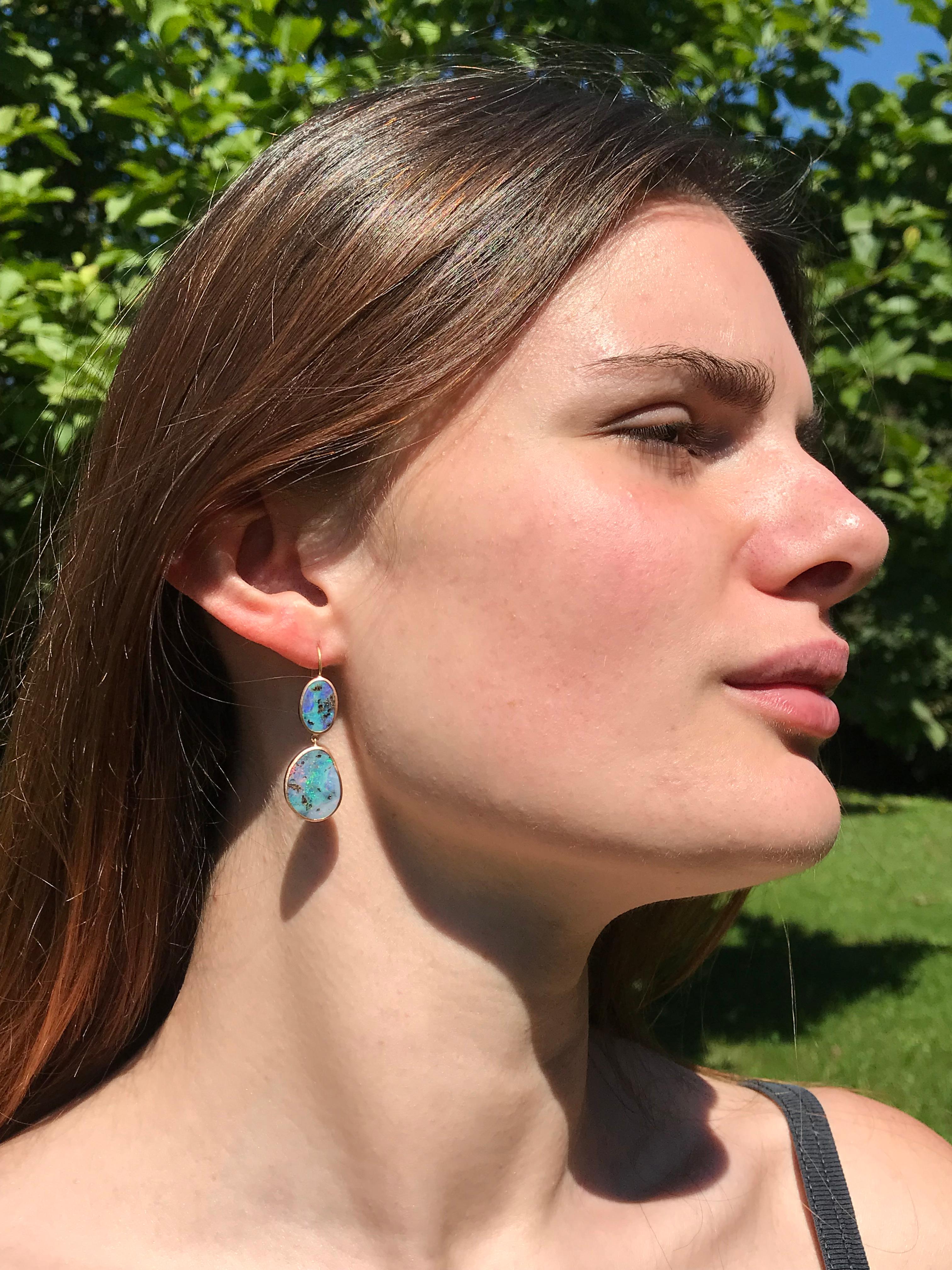 Dalben Blue Pink Australian Boulder Opal Rose Gold Earrings For Sale 2