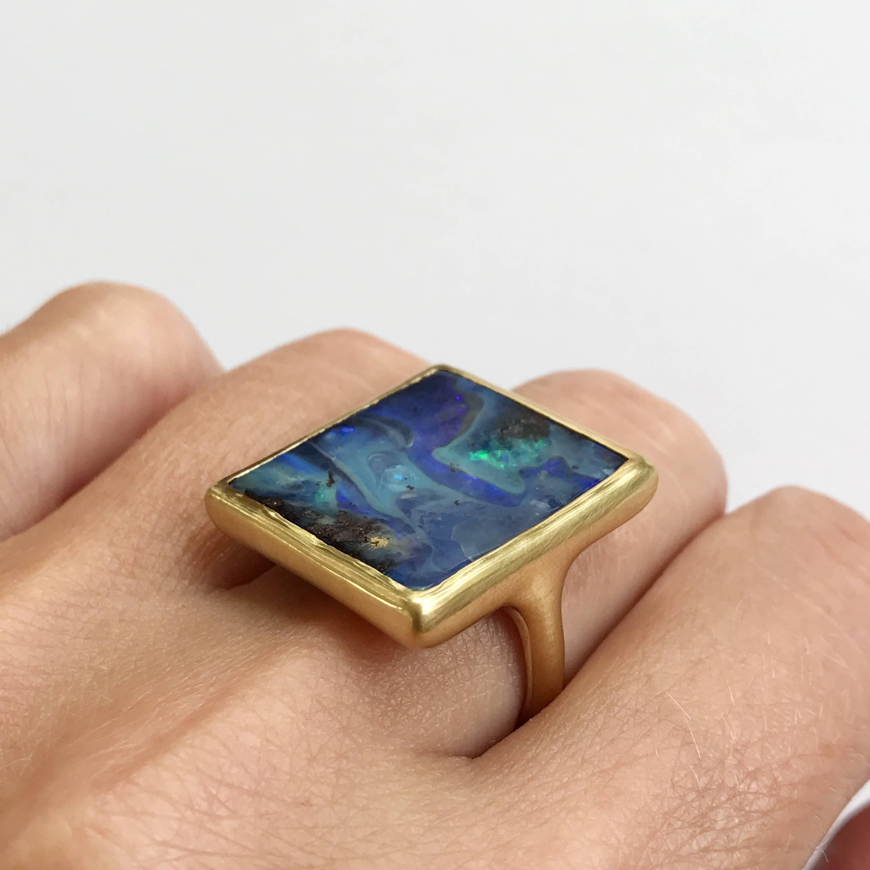 Square Cut Dalben Blue Rectangular Boulder Opal Yellow Gold Ring For Sale