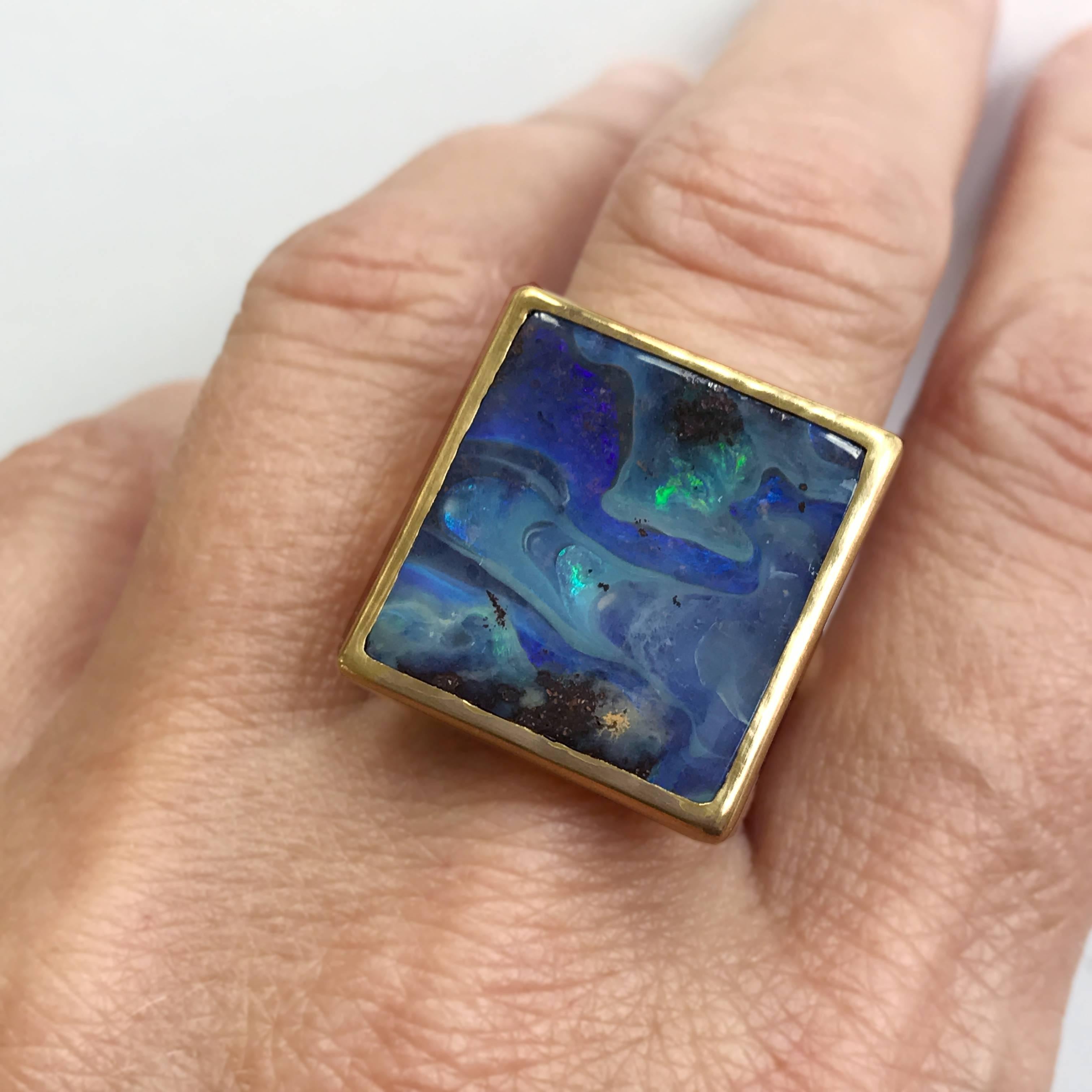 Women's or Men's Dalben Blue Rectangular Boulder Opal Yellow Gold Ring For Sale
