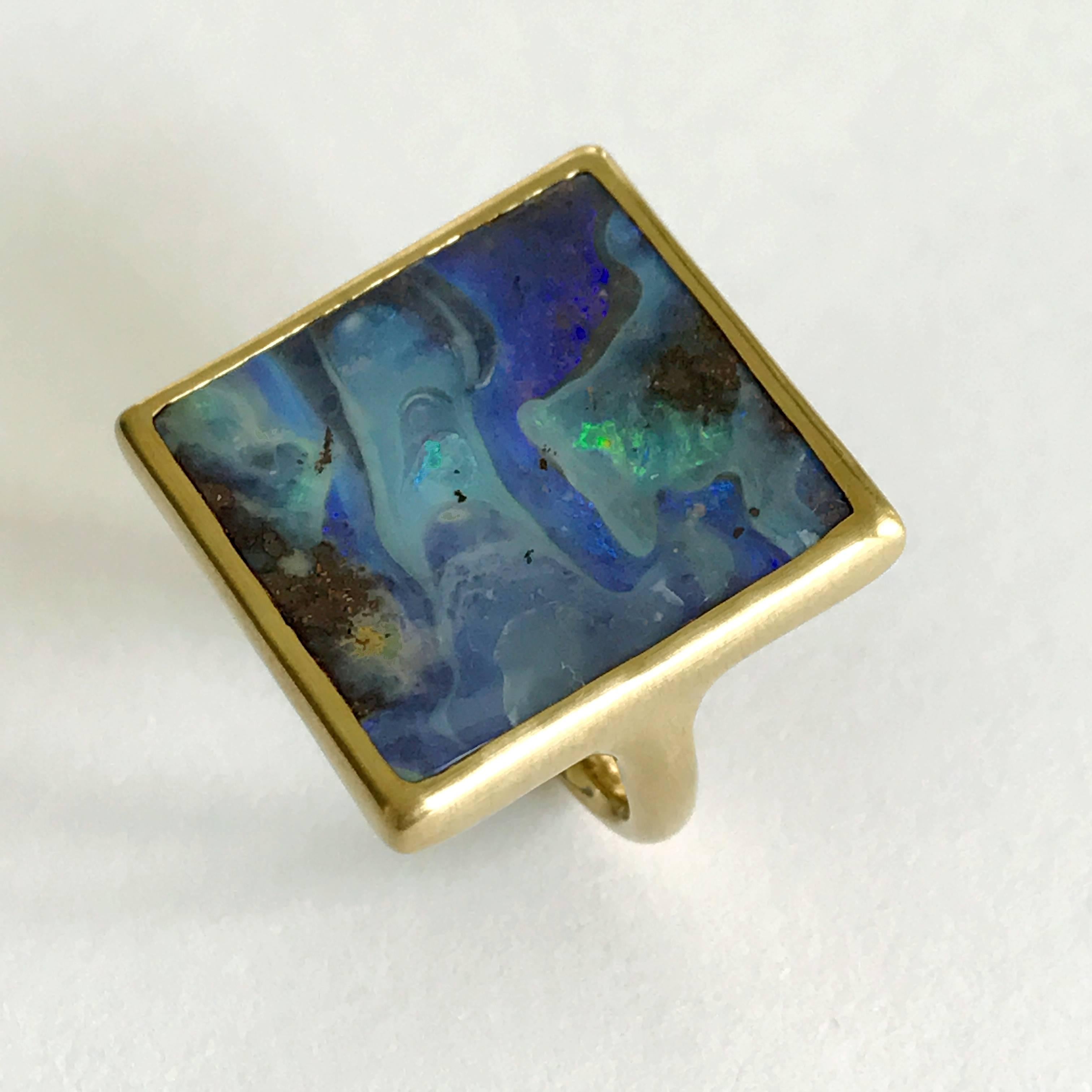 Contemporary Dalben Blue Rectangular Boulder Opal Yellow Gold Ring For Sale