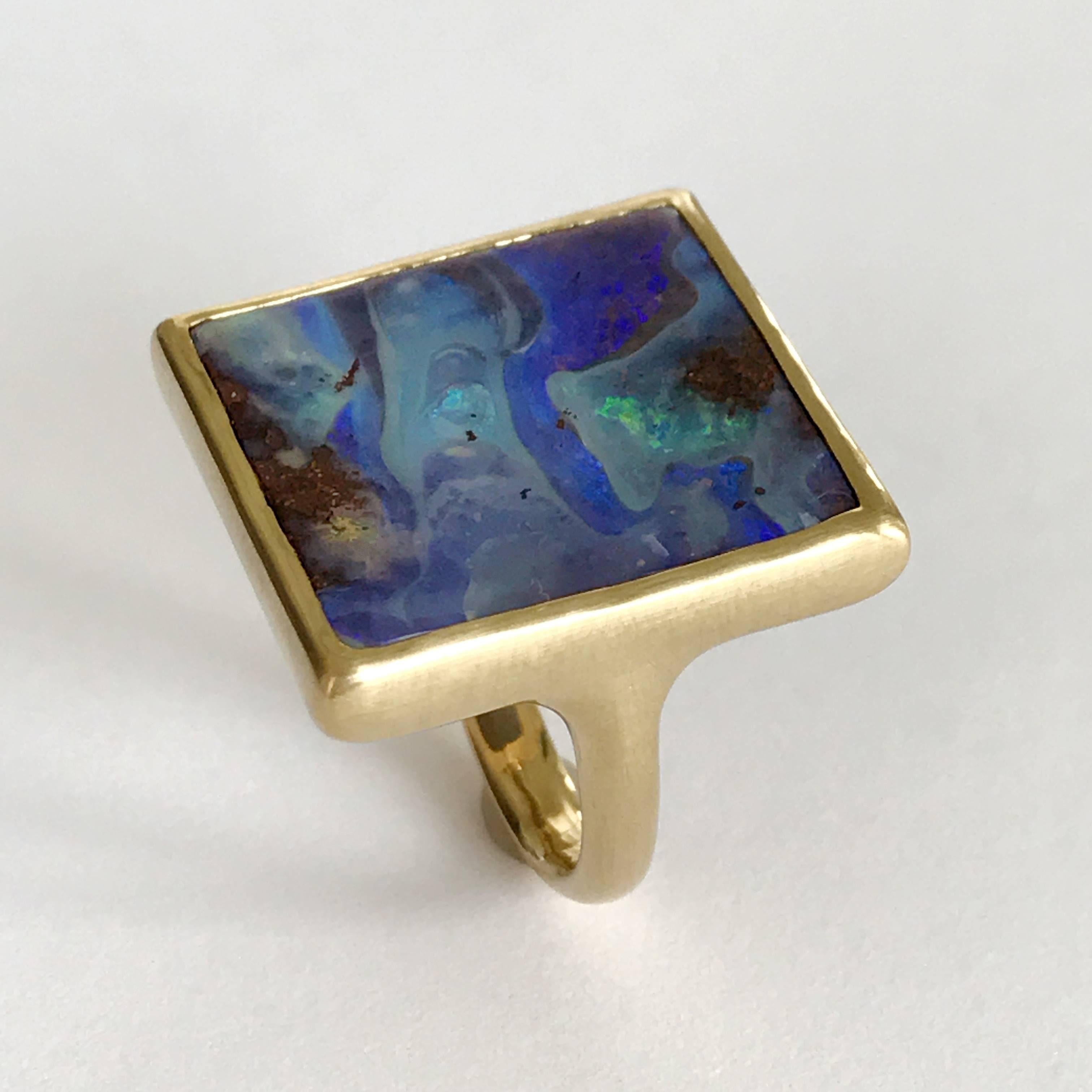 Dalben Blue Rectangular Boulder Opal Yellow Gold Ring For Sale 3