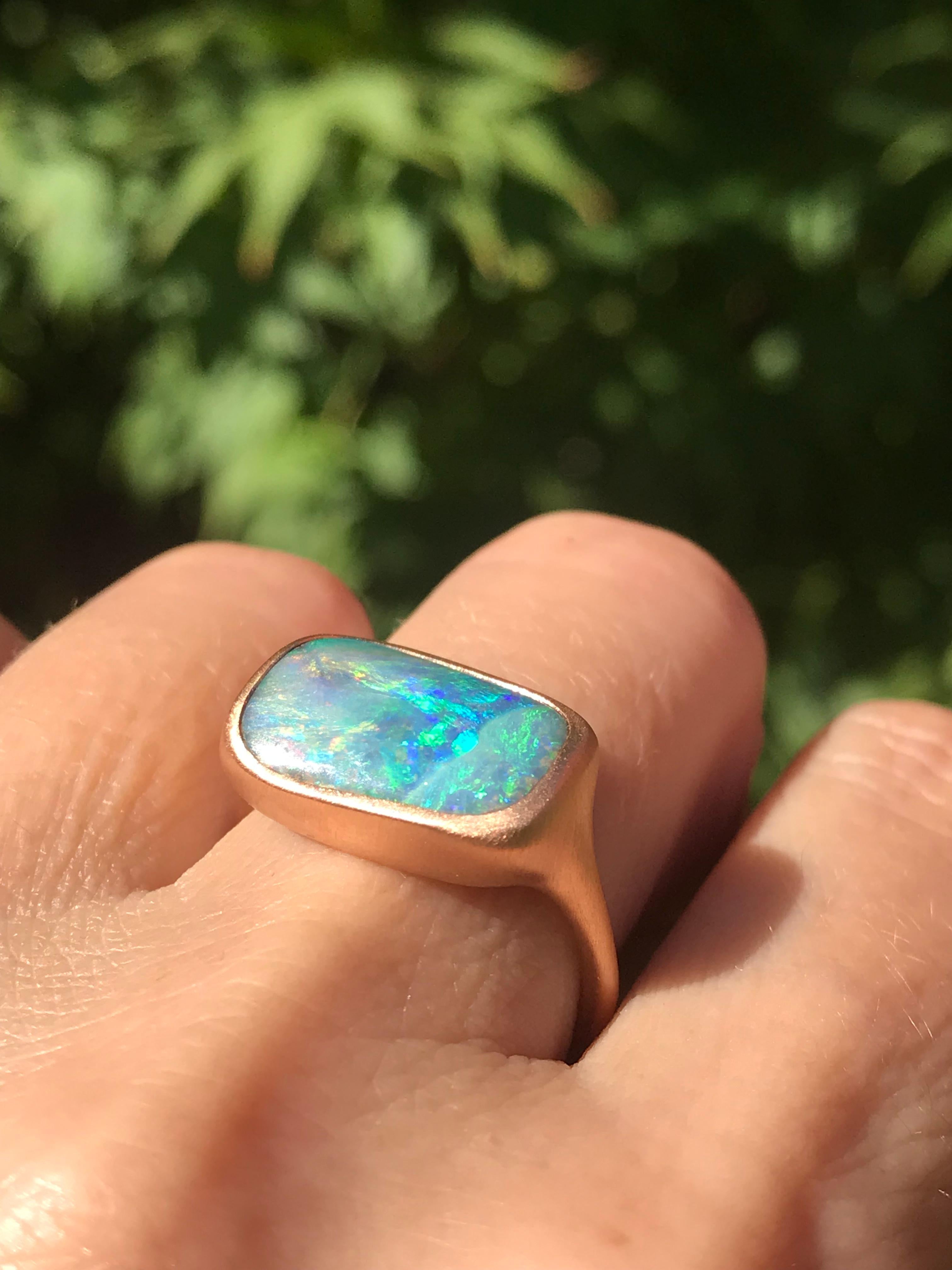 Dalben design One of a kind 18 kt rose  gold ring with a pastel colors solid Australian Boulder Opal weight 5,35 carats  .
Ring size  US 7    -  EU 54 1/2 re-sizable .  
Bezels setting dimension:  
max width 17,2 mm,  
max height 11,3 mm. 
The ring