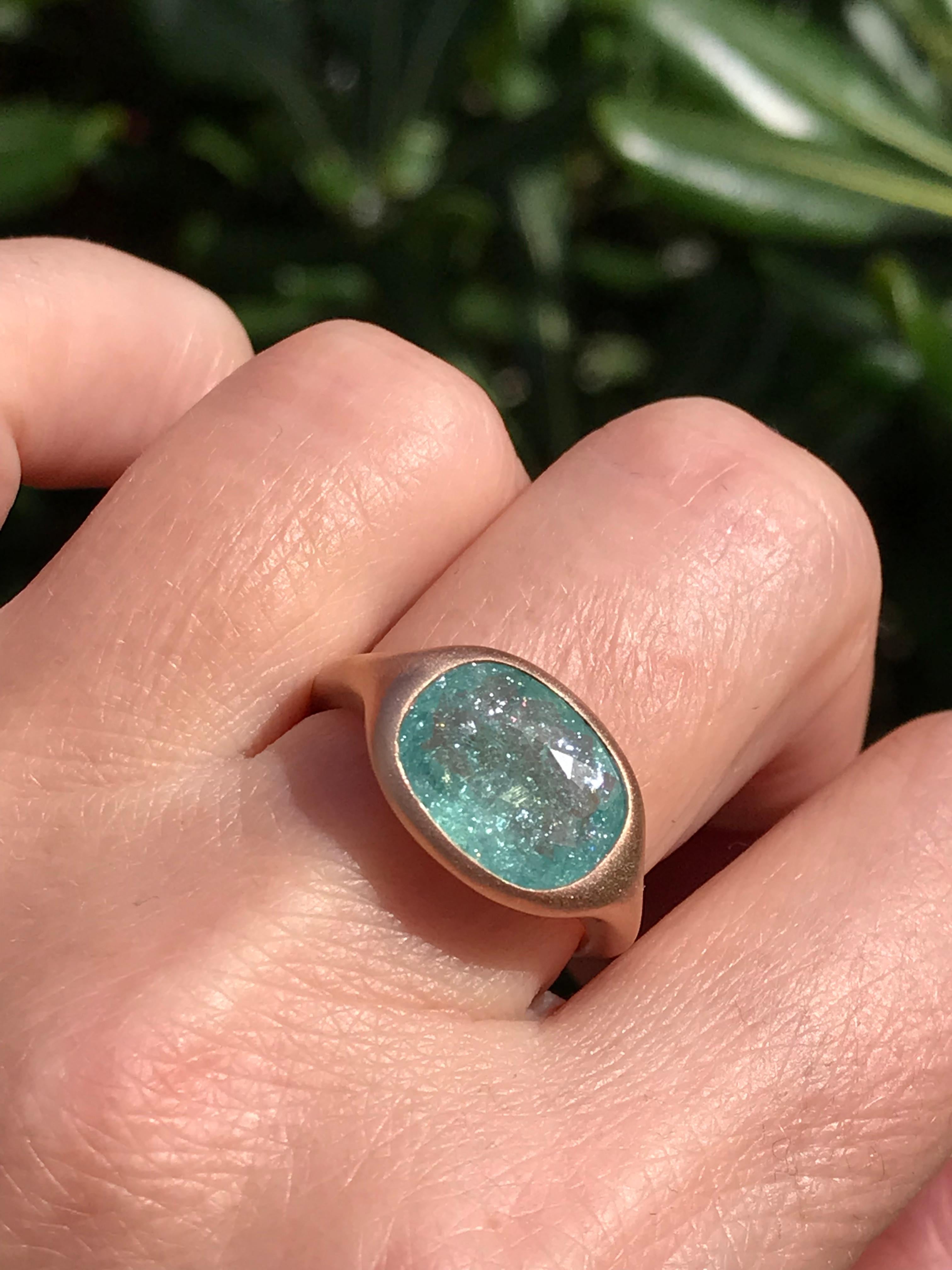 Dalben design  18k rose gold satin finishing ring with a 3,79 carat bezel-set cushion faceted cut Paraiba Tourmaline from Mozambique. 
Ring size 7 USA - EU 54+ re-sizable to most finger sizes. 
Bezel stone dimensions :
height 11,1 mm
width 14,8
