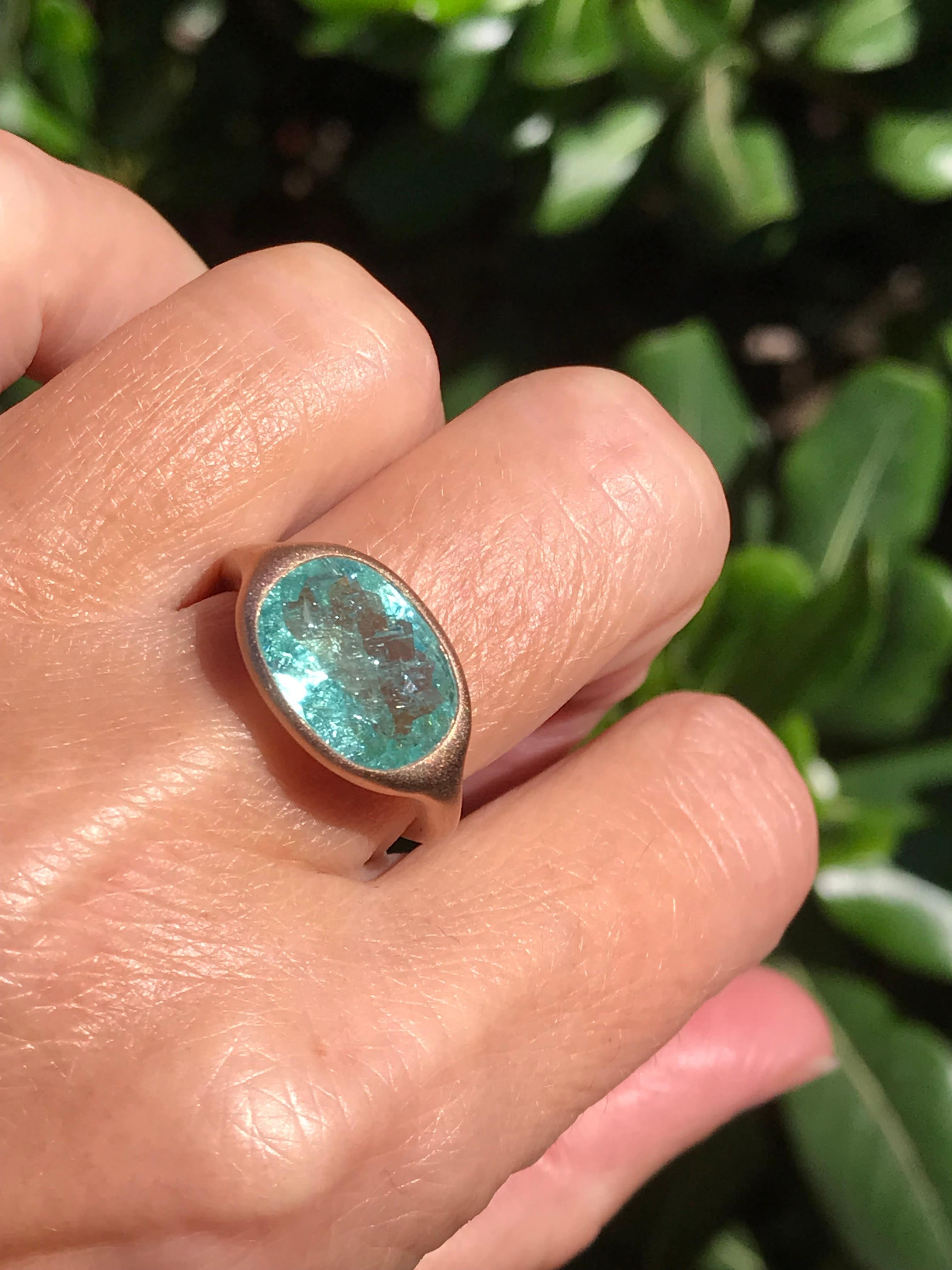 Dalben design  18k rose gold satin finishing ring with a 4,11 carat bezel-set oval faceted cut certified Paraiba Tourmaline from Mozambique. 
Ring size 7 USA - EU 54+ re-sizable to most finger sizes. 
Bezel stone dimensions :
height 10,7 mm
width
