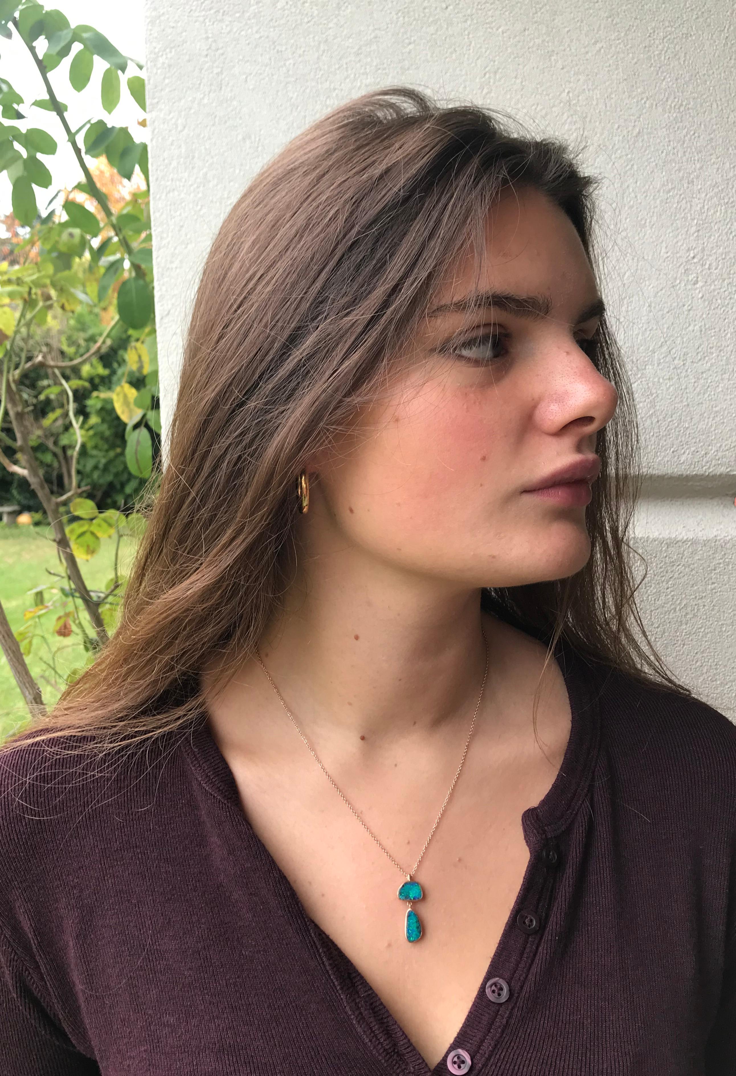 Dalben design One of a Kind 18k rose gold matte finishing necklace with two bezel-set deep green blue Australian Boulder Opals total weight 4,58 carat. 
pendant dimension : 
max width 12 mm 
height 26 mm 
Chain length 46 cm ( 18,1 inch )