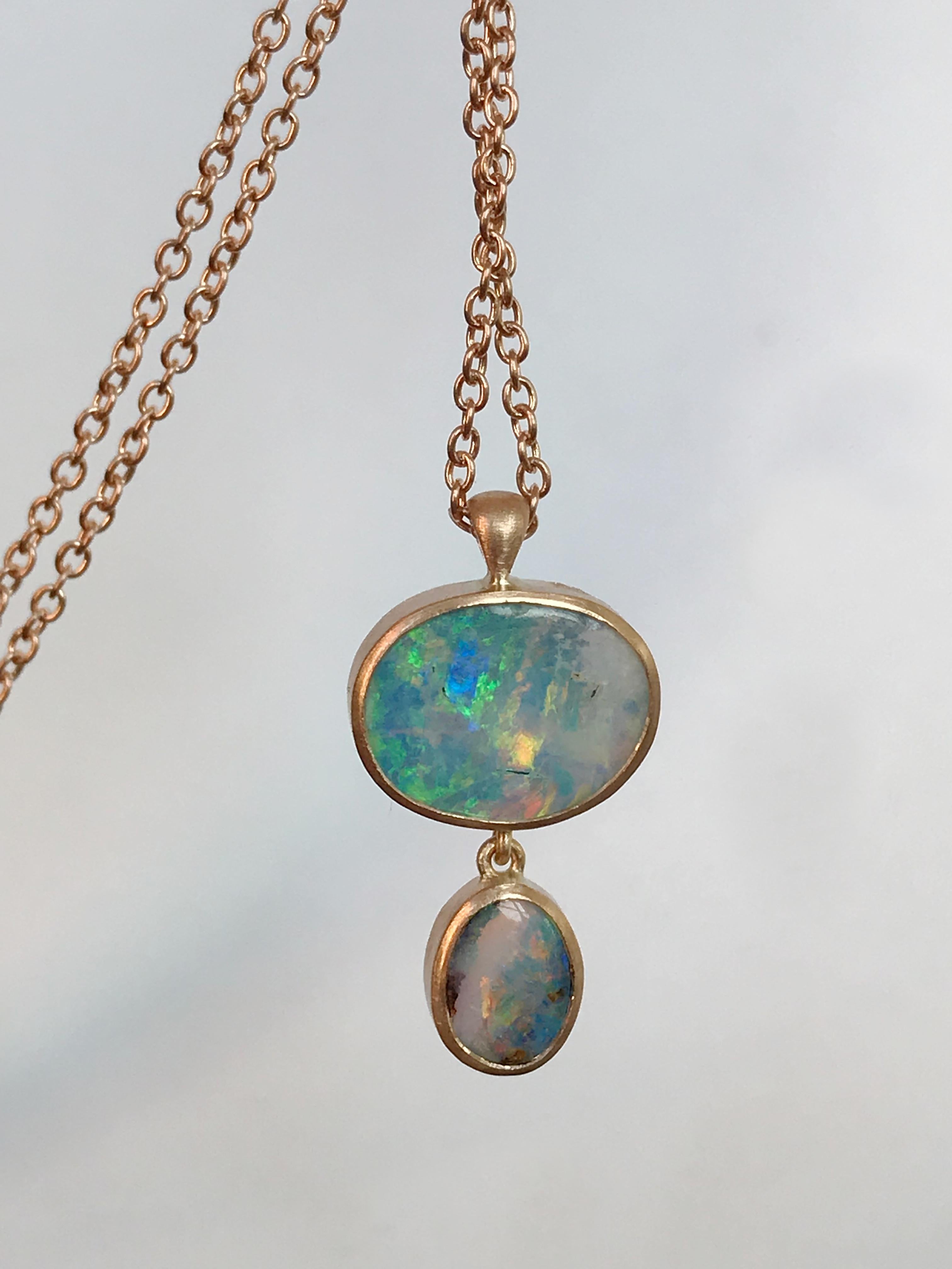 Dalben design One of a Kind 18k rose gold matte finishing necklace with two bezel-set green azure Australian Boulder Opals weight 2,65 carat. 
pendant dimension : 
width 11 mm 
height 18 mm 
Chain length 43 cm ( 16,9 inch ) resizable
The necklace