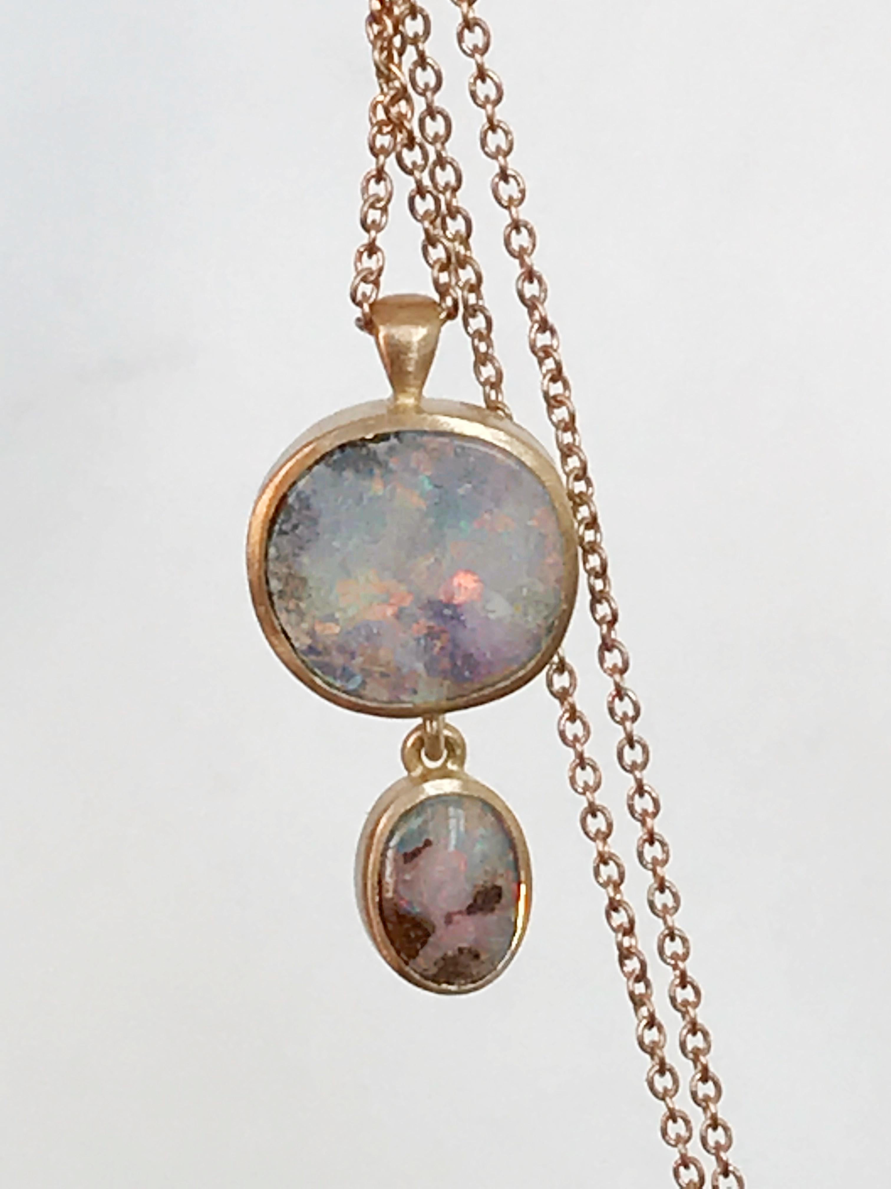Dalben design One of a Kind 18k rose gold matte finishing necklace with two bezel-set  Australian Boulder Opals weight 3,18 carat. 
pendant dimension : 
width 10,4 mm (0,41 inch )
height 19,4 mm (0,76 inch )
Chain length 42 cm ( 16,5 inch )
