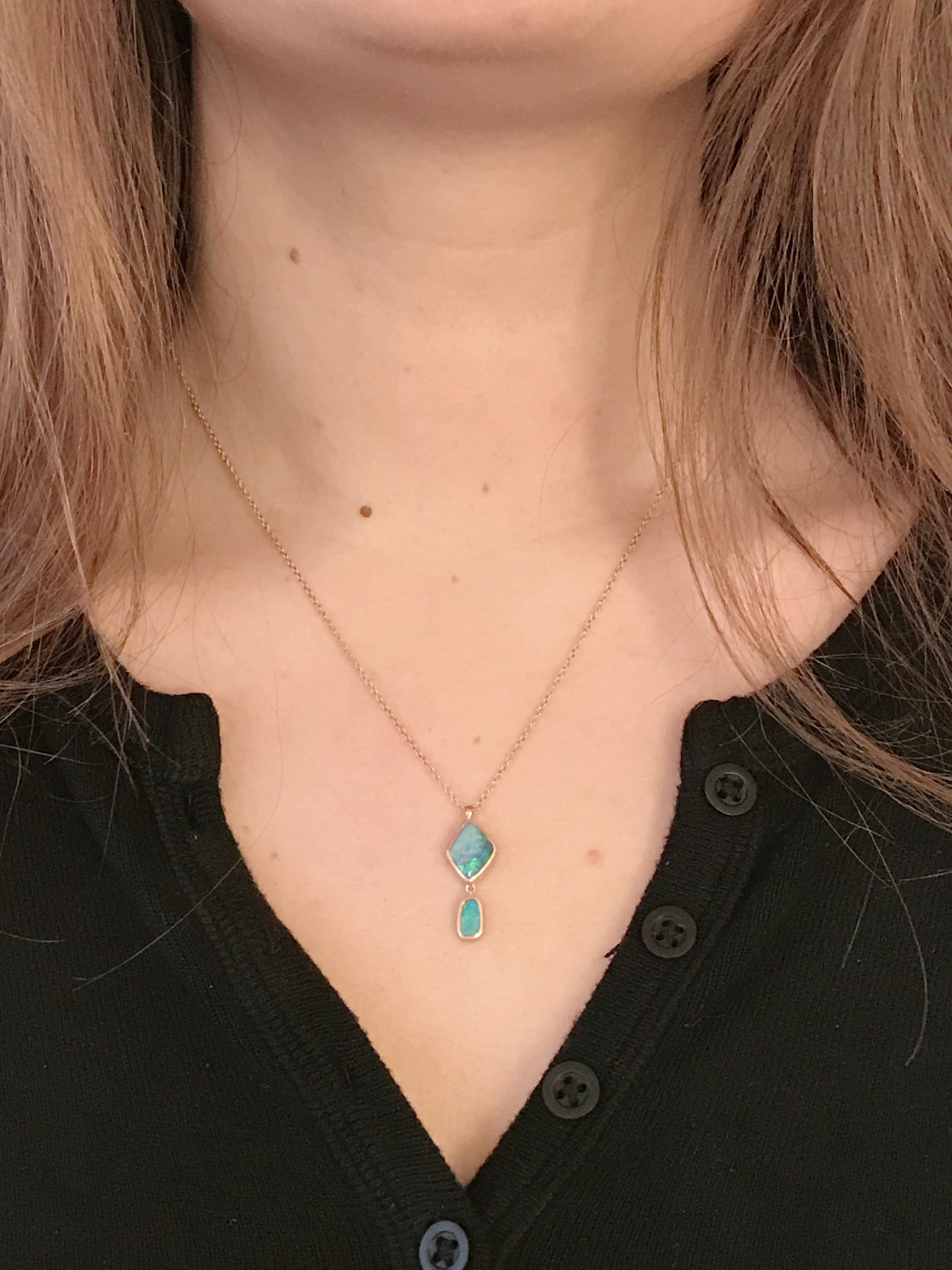 Dalben design One of a Kind 18k rose gold matte finishing necklace with two bezel-set green azure Australian Boulder Opals total weight 3,06 carat. 
pendant dimension : 
max width 9,6 mm 
height 22 mm 
Chain length 46 cm ( 18,1 inch ) resizable
The