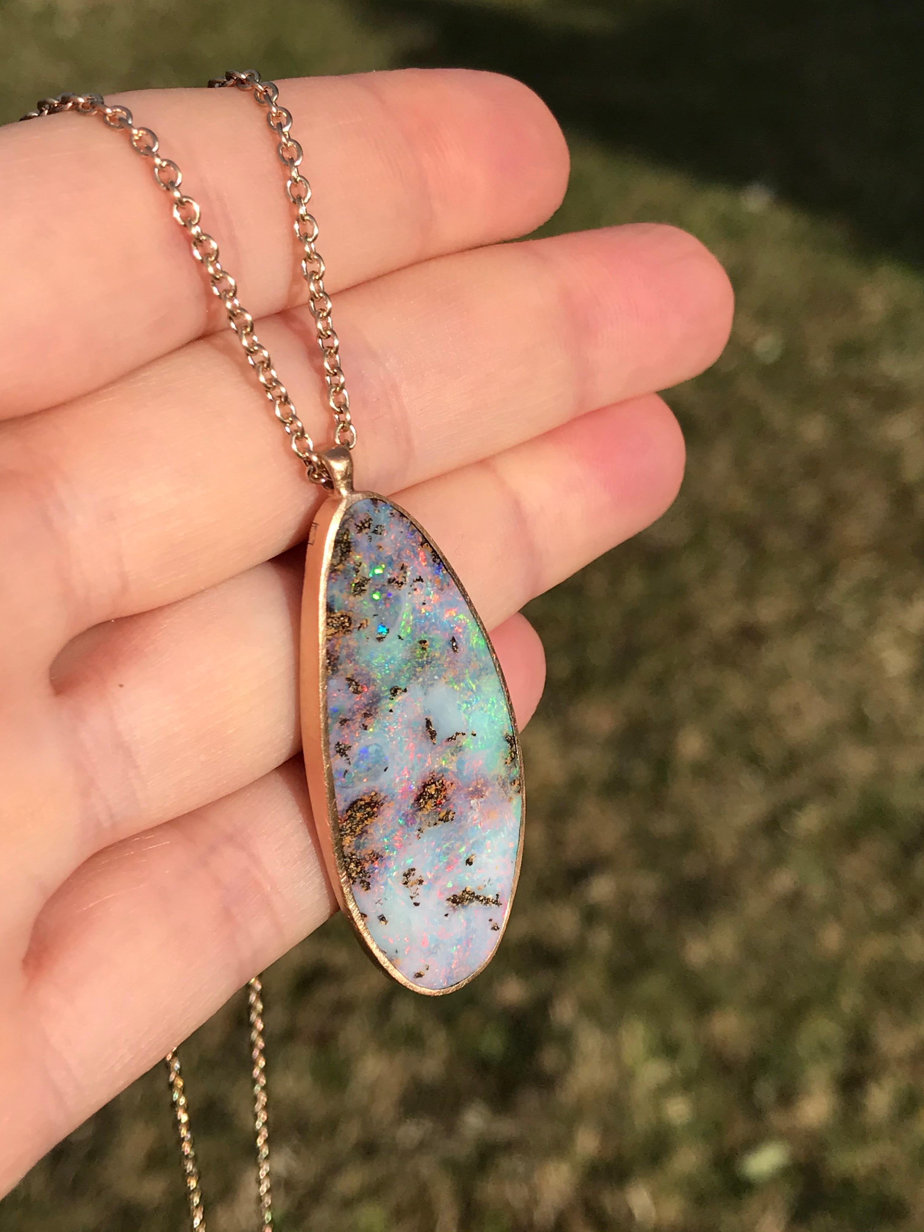 Rough Cut Dalben Design Australian Boulder Opal and Rose Gold Necklace For Sale