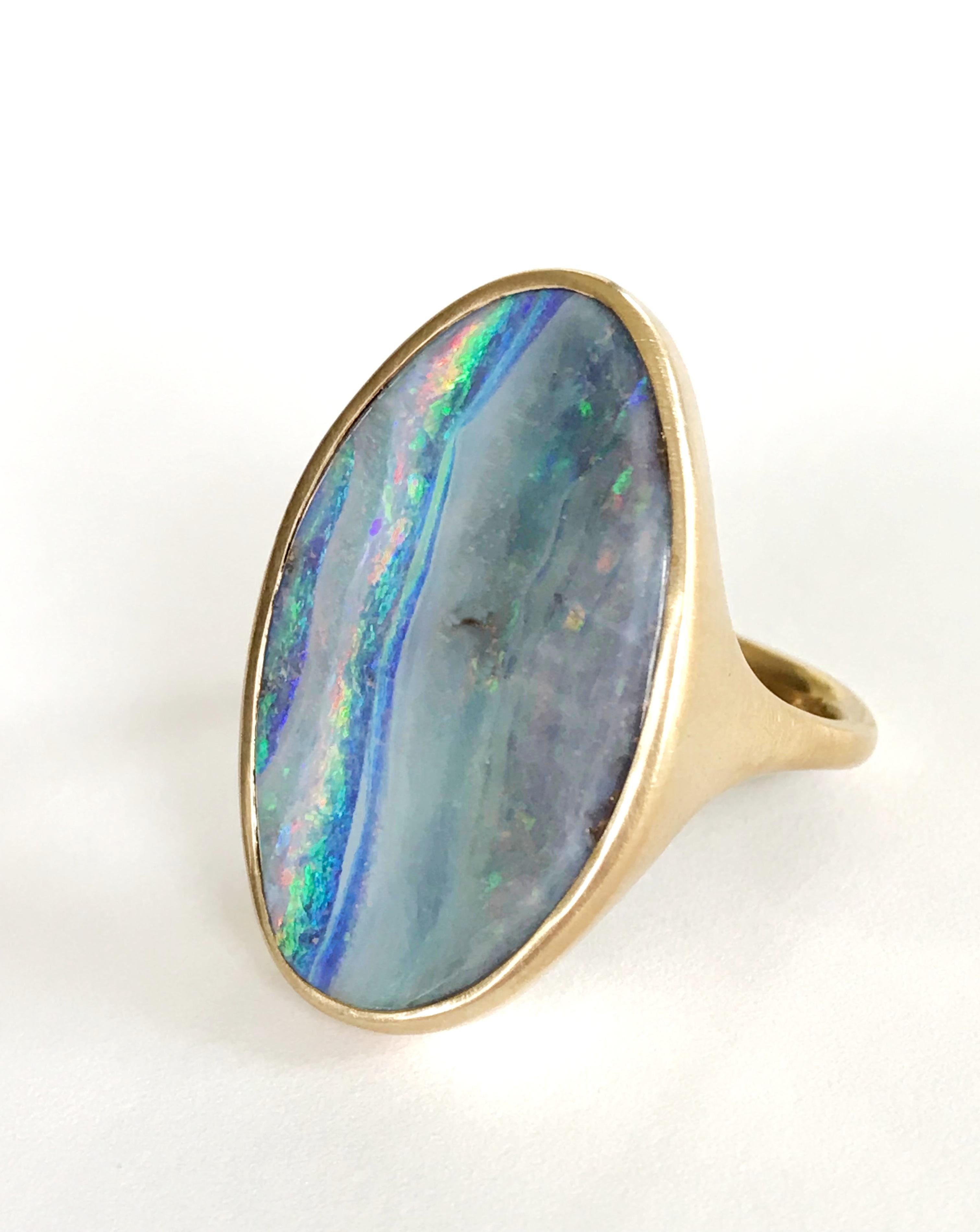 Oval Cut Dalben Design Big Oval Australian Boulder Opal Yellow Gold Ring For Sale