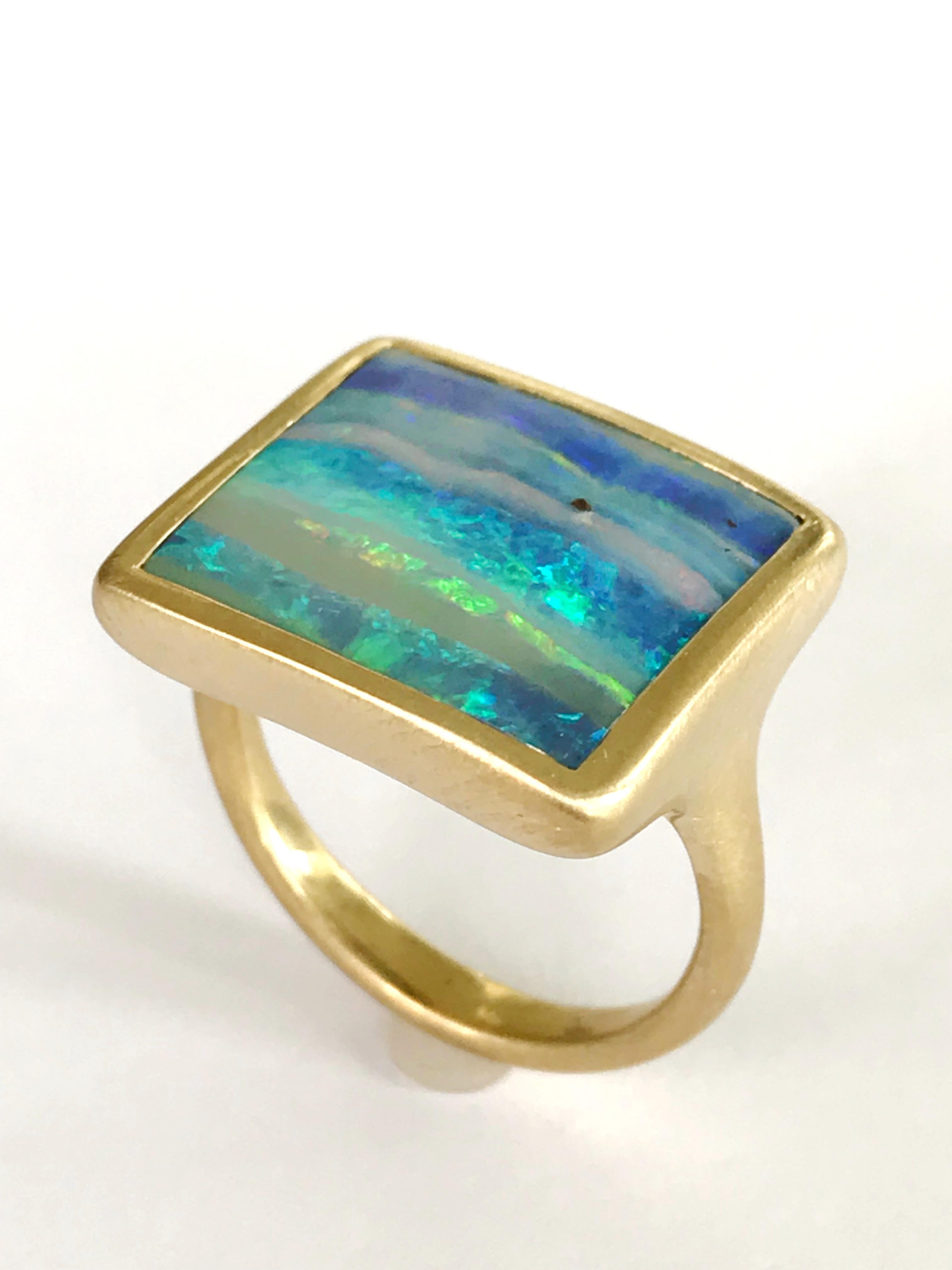 Contemporary Dalben Design Blue Green Australian Boulder Opal Rectangular Yellow Gold Ring