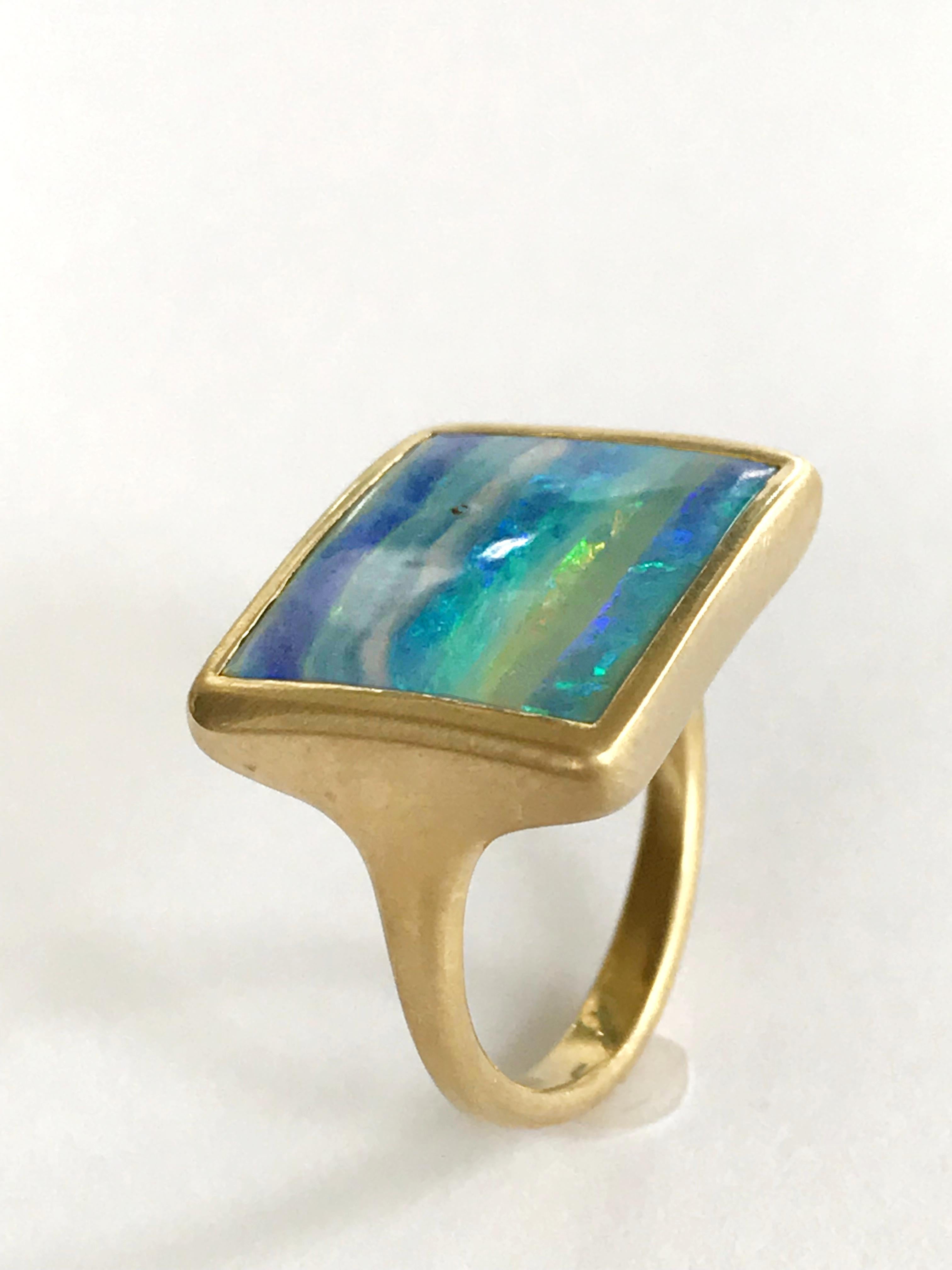 Women's Dalben Design Blue Green Australian Boulder Opal Rectangular Yellow Gold Ring