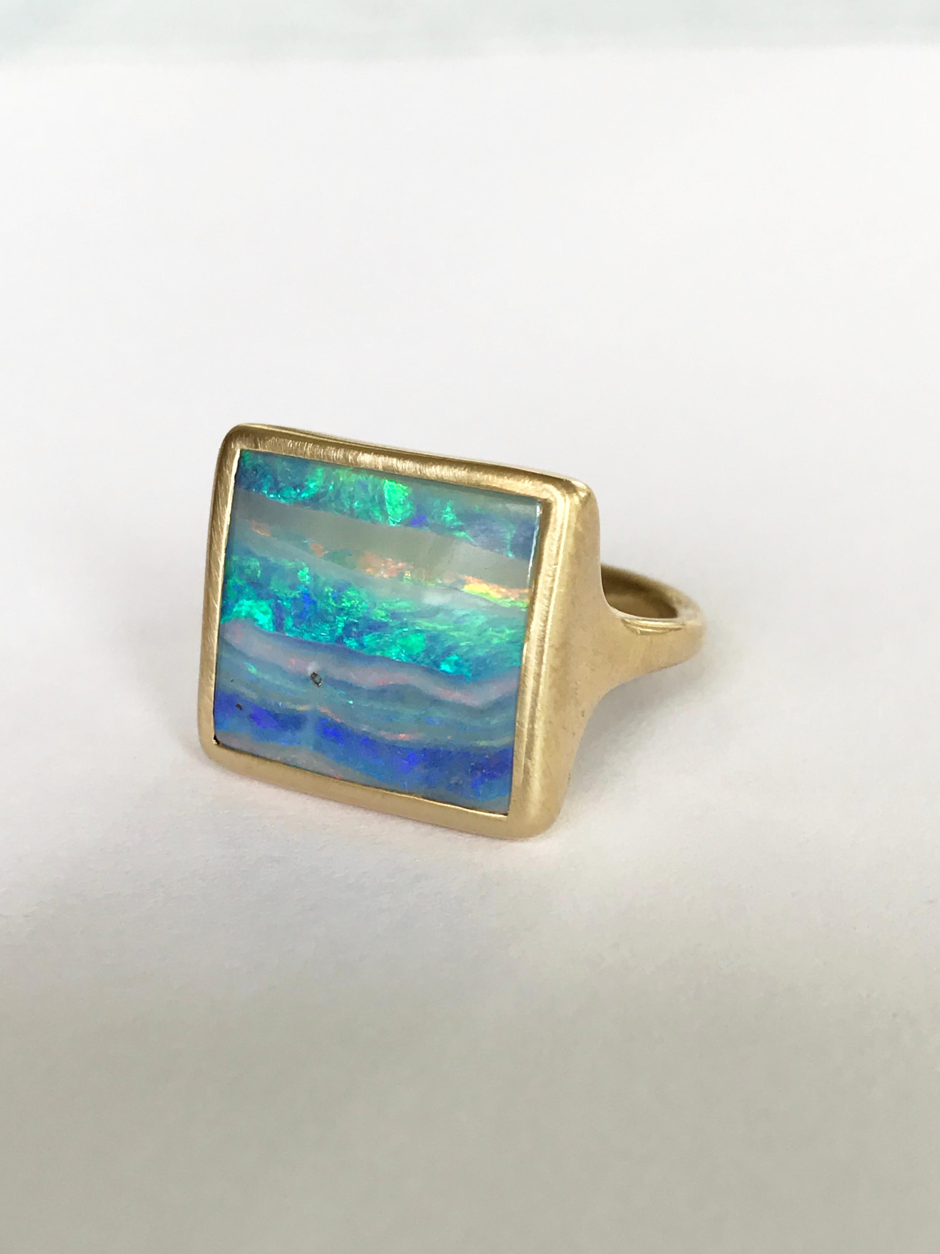 Dalben Design Blue Green Australian Boulder Opal Rectangular Yellow Gold Ring 1