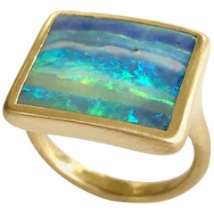 Dalben Design Blue Green Australian Boulder Opal Rectangular Yellow Gold Ring