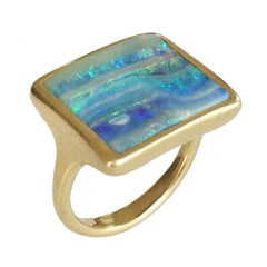 Dalben Design Blue Green Australian Boulder Opal Rectangular Yellow Gold Ring