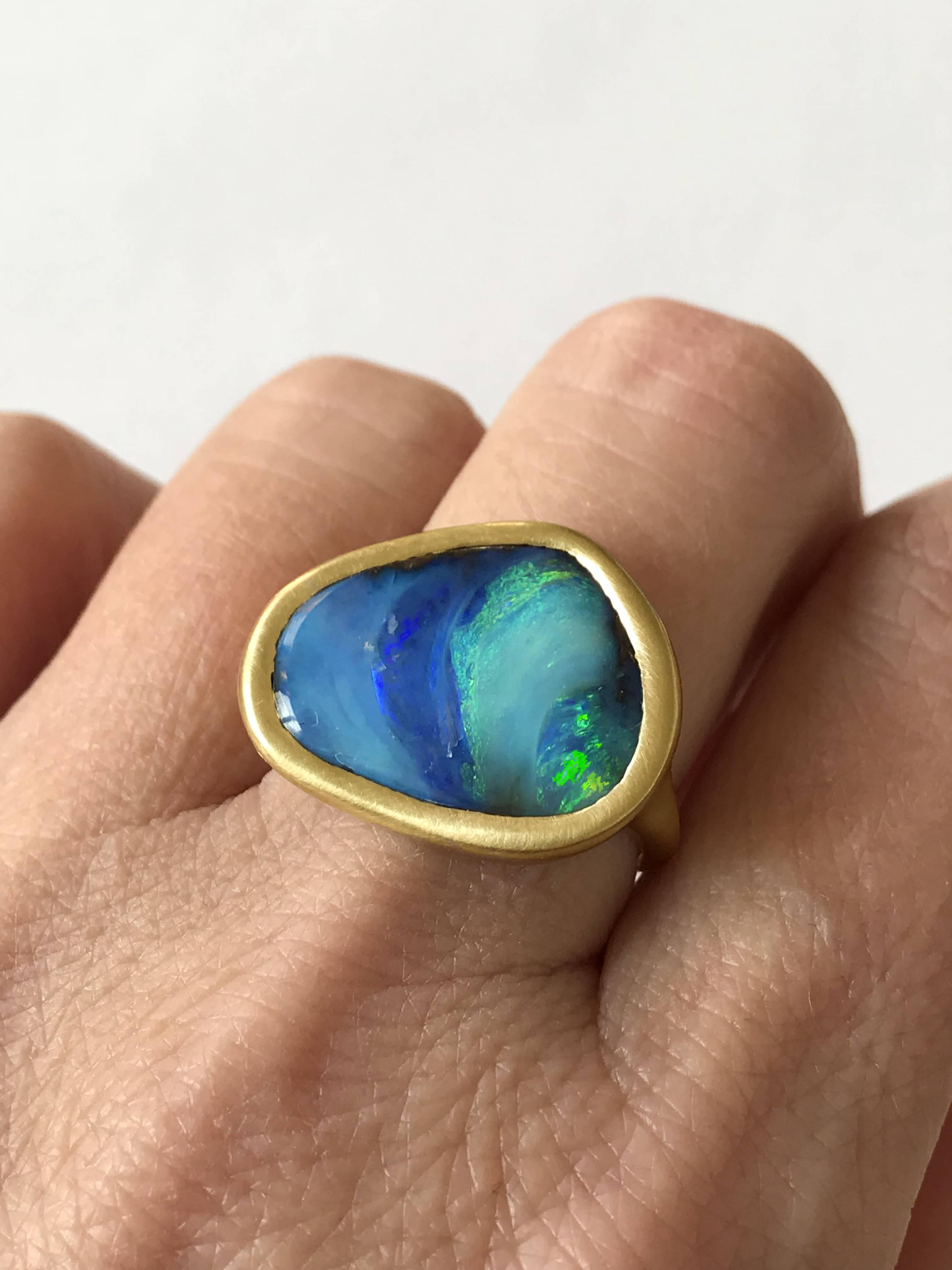 Rough Cut Dalben Design Blue Green Australian Boulder Opal Yellow Gold Ring For Sale
