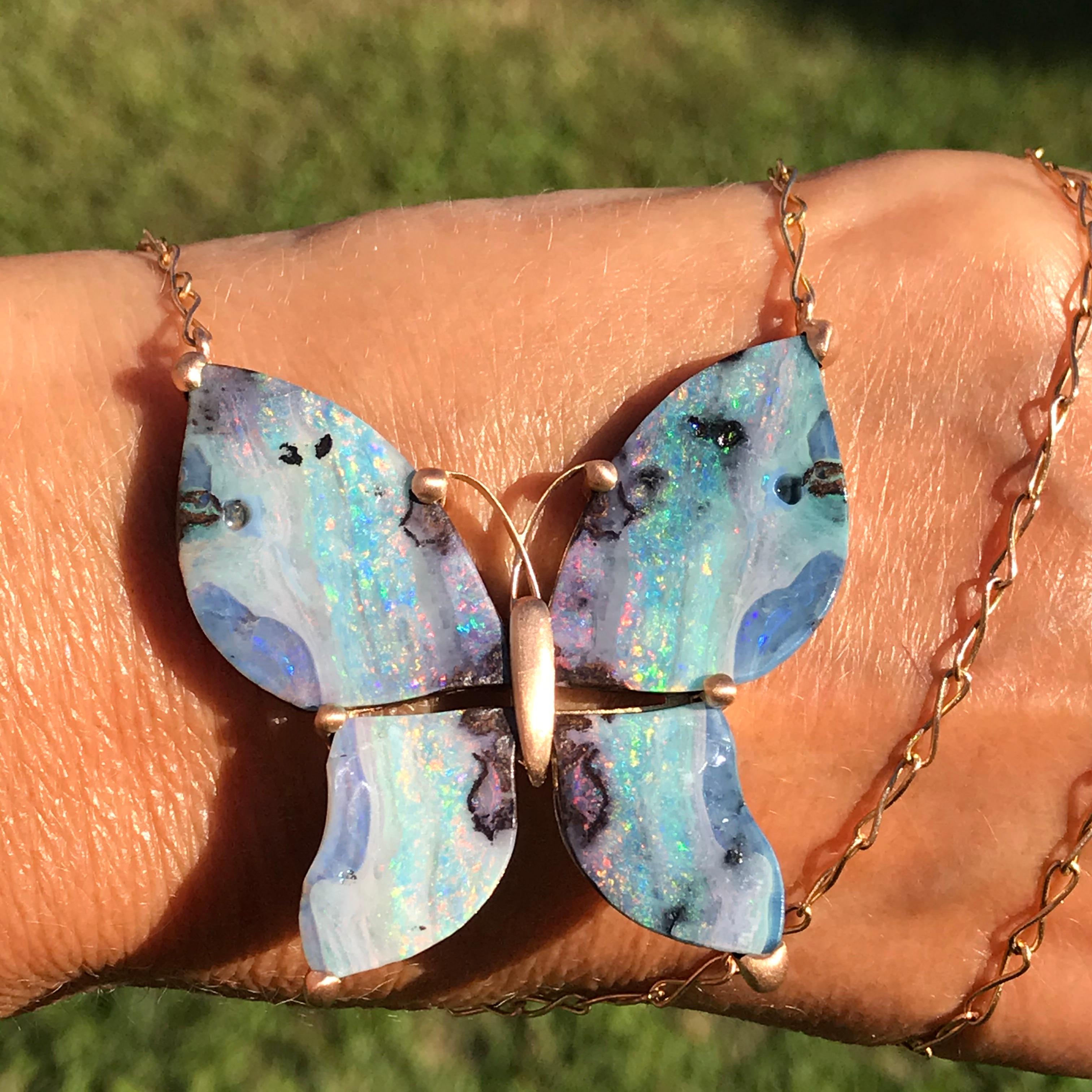 Rough Cut Dalben Design Butterfly Shape Australian Boulder Opal Gold Necklace