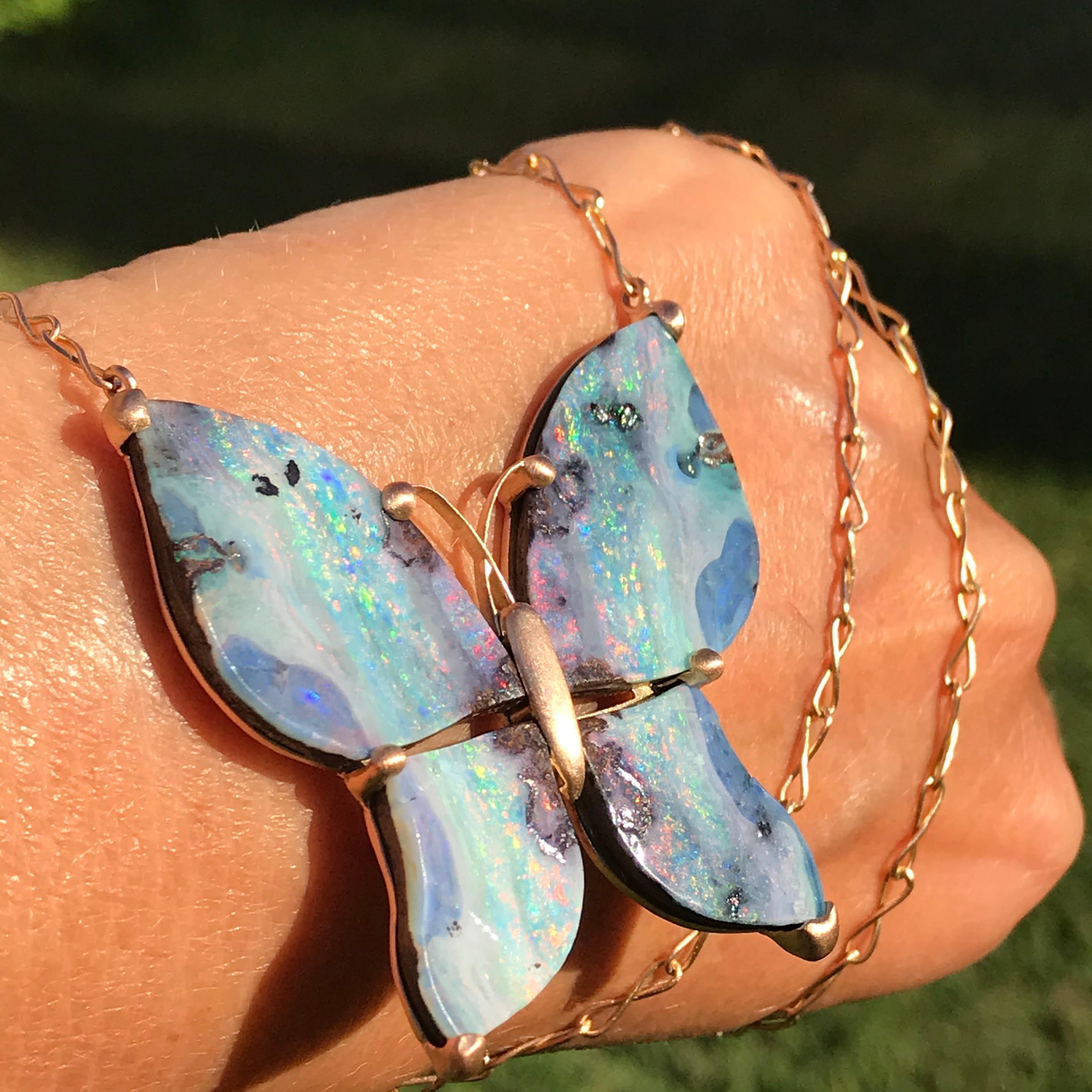 Dalben Design Butterfly Shape Australian Boulder Opal Gold Necklace In New Condition In Como, IT