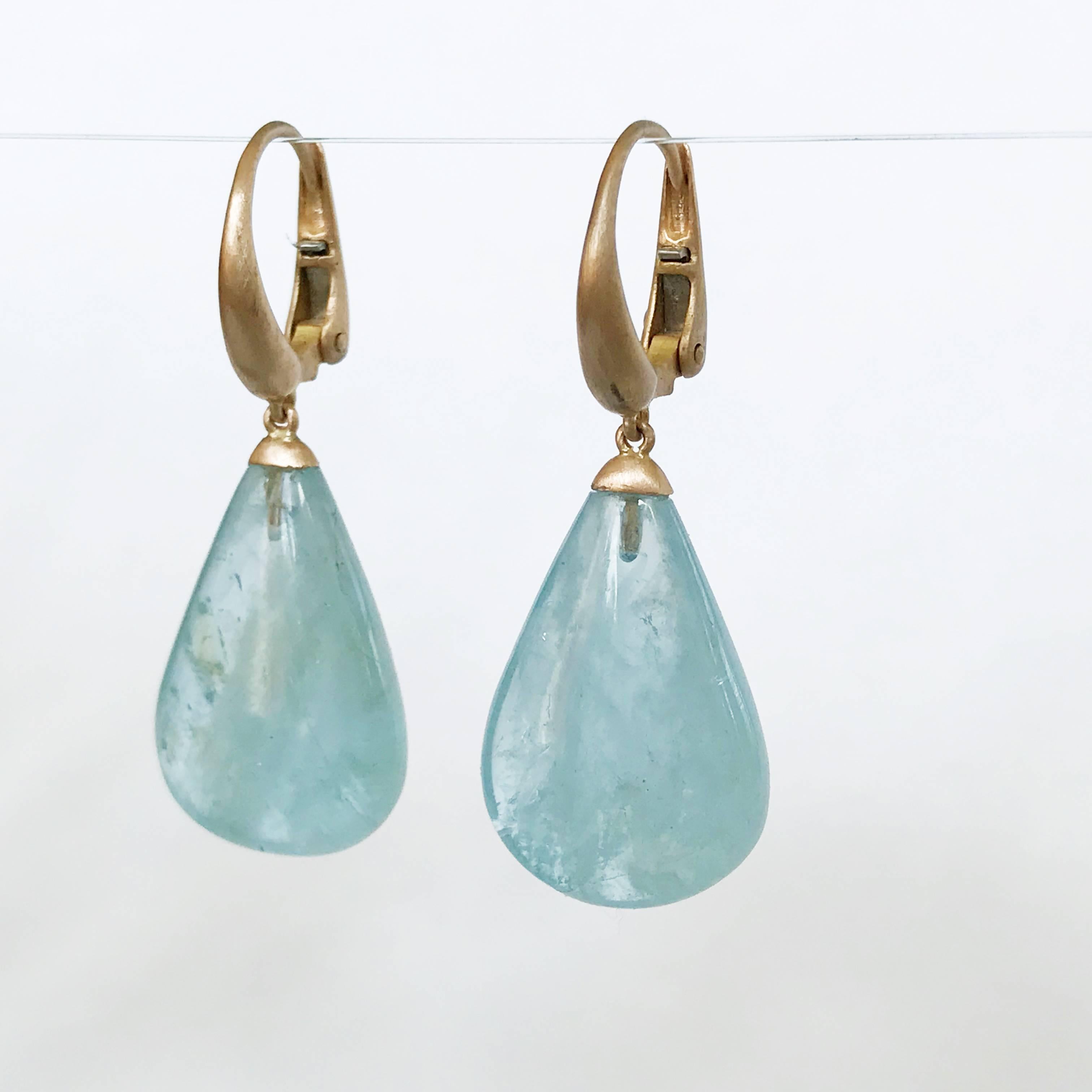 Dalben design 18 kt satin finished rose gold earrings with two drop shape Aquamarine 15 x 22 mm weight 30,5 carat . 
Earring dimension : 
width 15 mm 
height with leverback 38 mm 
The earrings has been designed and handcrafted in our atelier in Como