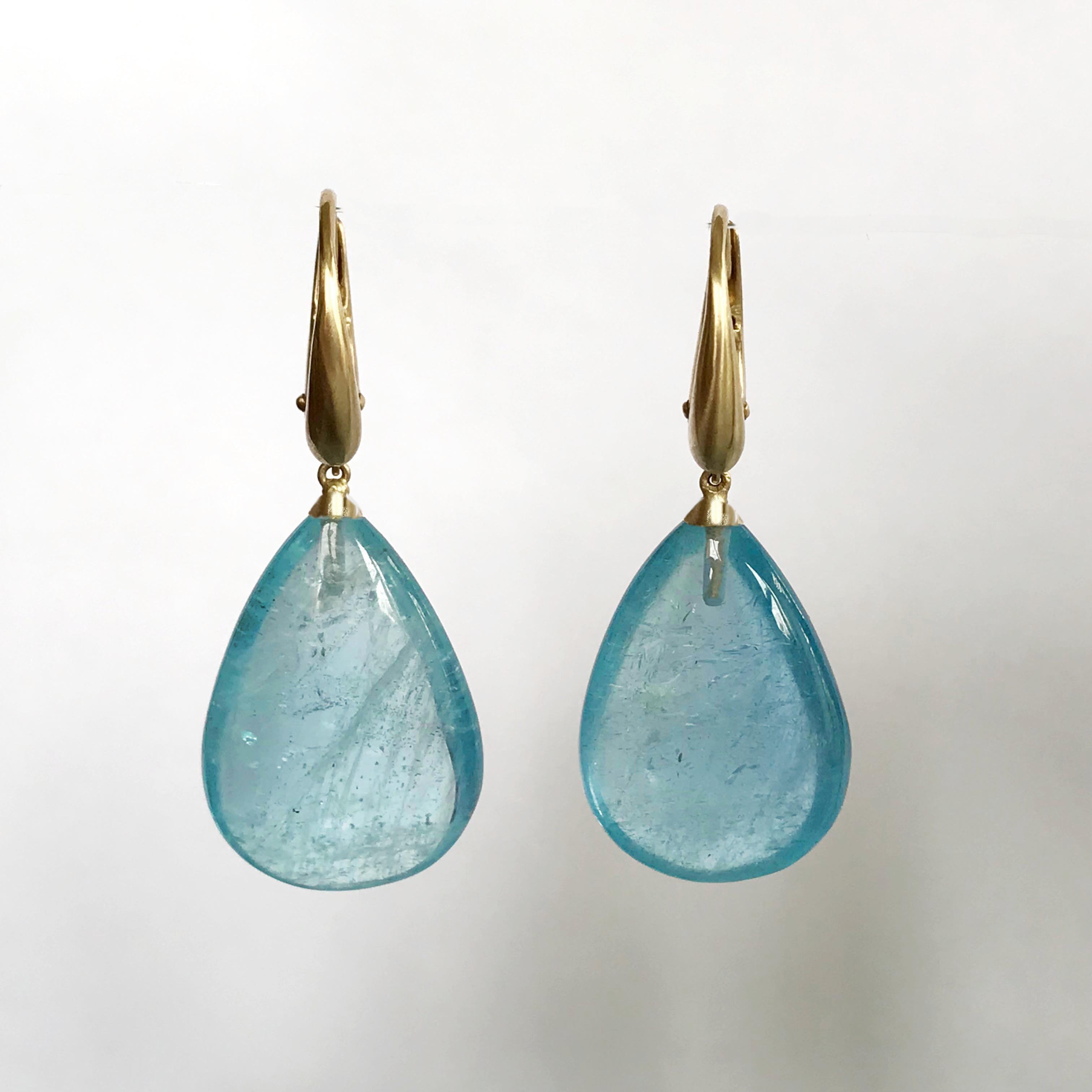 Dalben design 18 kt semi-lucid finished yellow gold earrings with two drop shape Aquamarine circa 15 x 21 mm weight 33,2 carat . 
Earrings dimension : 
width 15 mm 
height with leverback 38 mm 
The earrings has been designed and handcrafted in our
