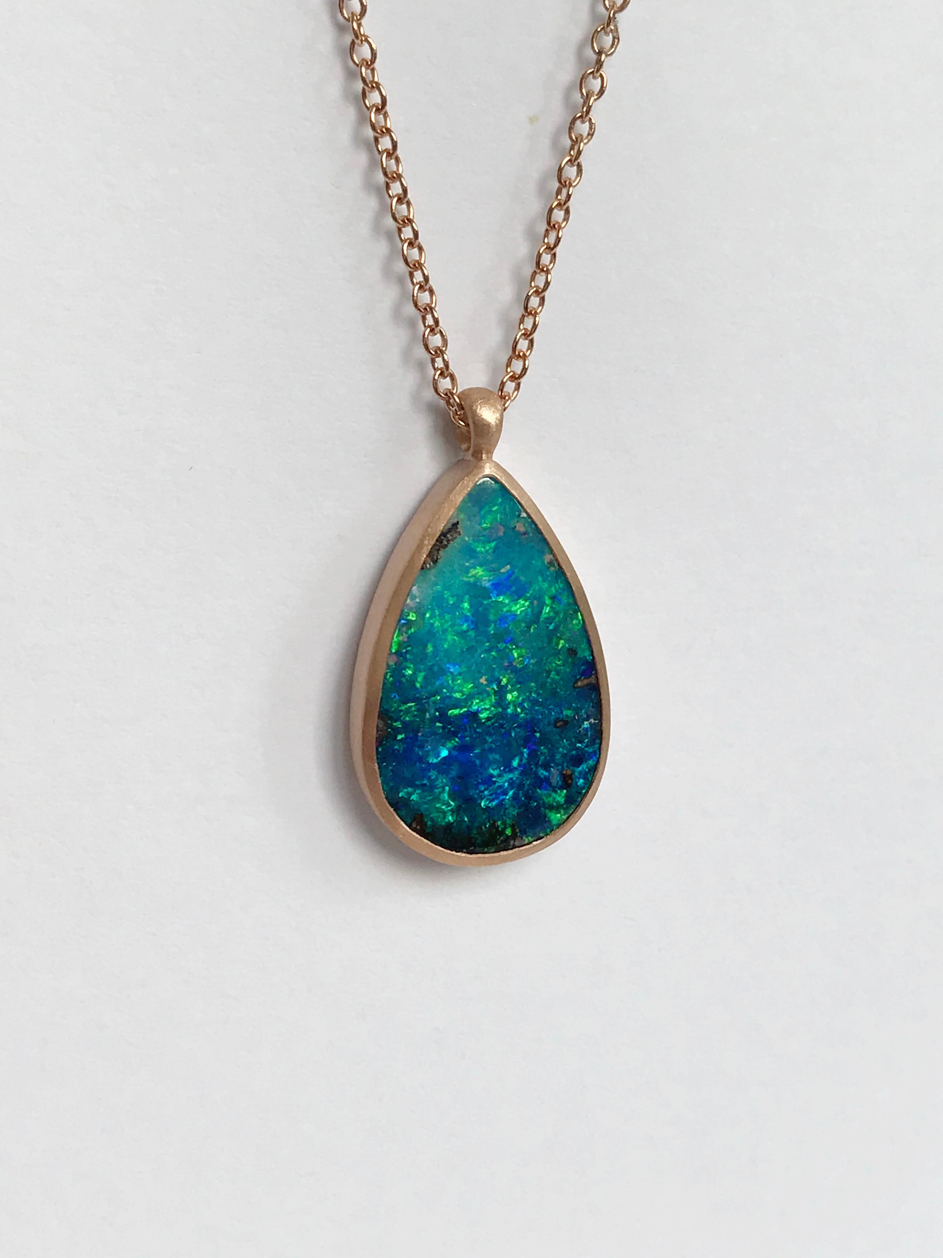 Dalben Design Drop Shape Australian Boulder Opal and Rose Gold Necklace For Sale 1