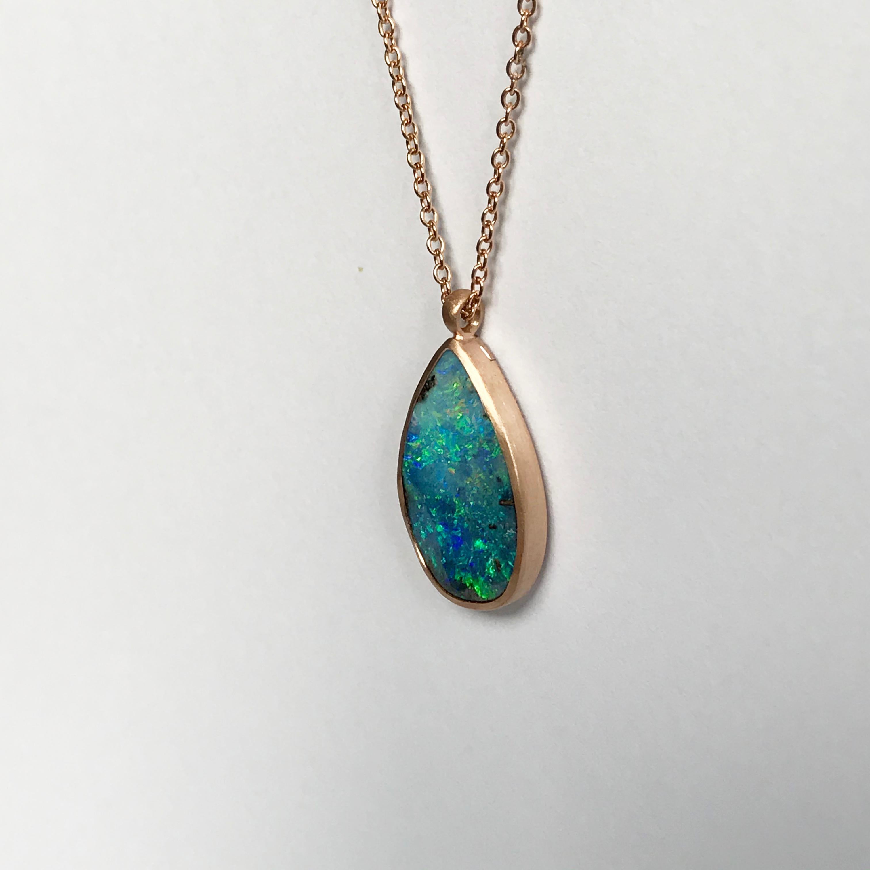 Dalben Design Drop Shape Australian Boulder Opal and Rose Gold Necklace For Sale 2