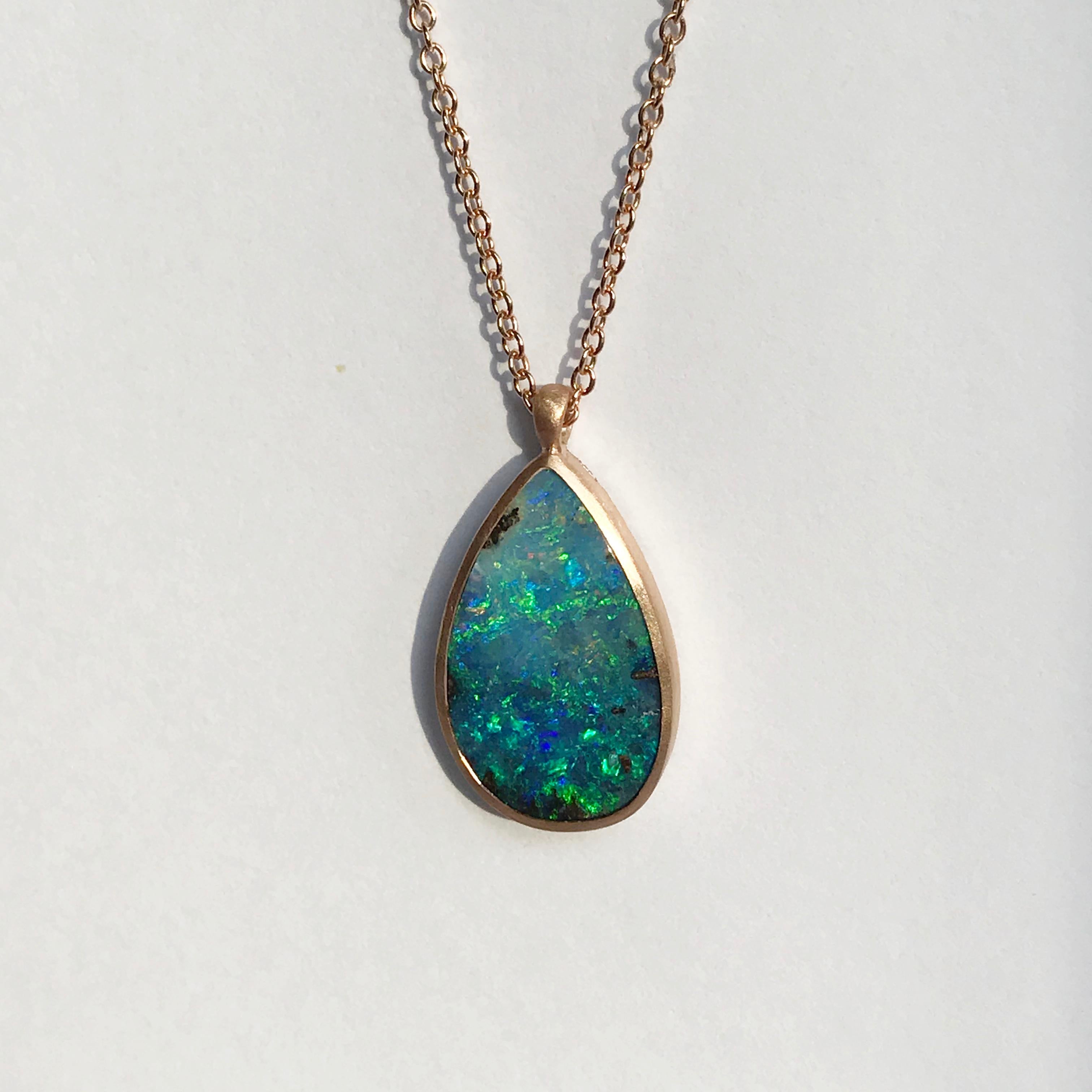 Dalben Design Drop Shape Australian Boulder Opal and Rose Gold Necklace For Sale 3
