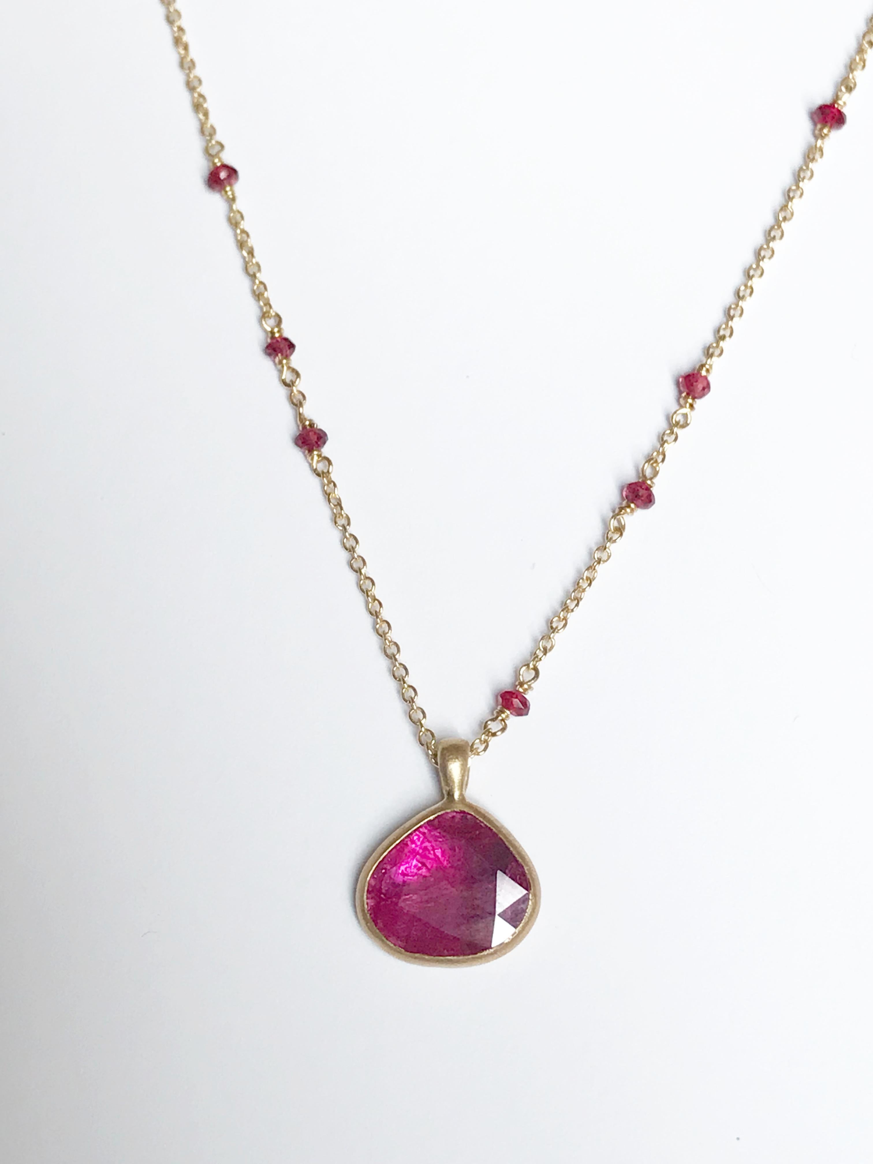 Dalben Design Drop Shape Rose Cut Slice Ruby Yellow Gold Necklace In New Condition In Como, IT