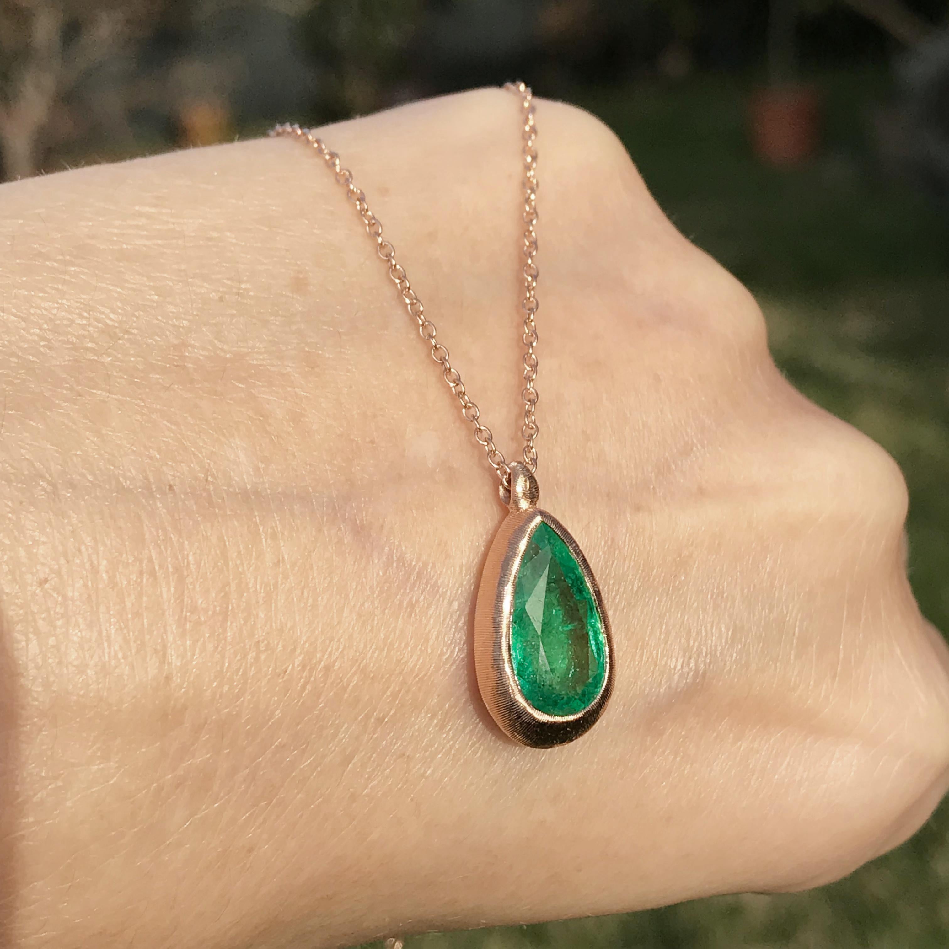 Pear Cut Dalben Design Emerald and Rose Gold Necklace