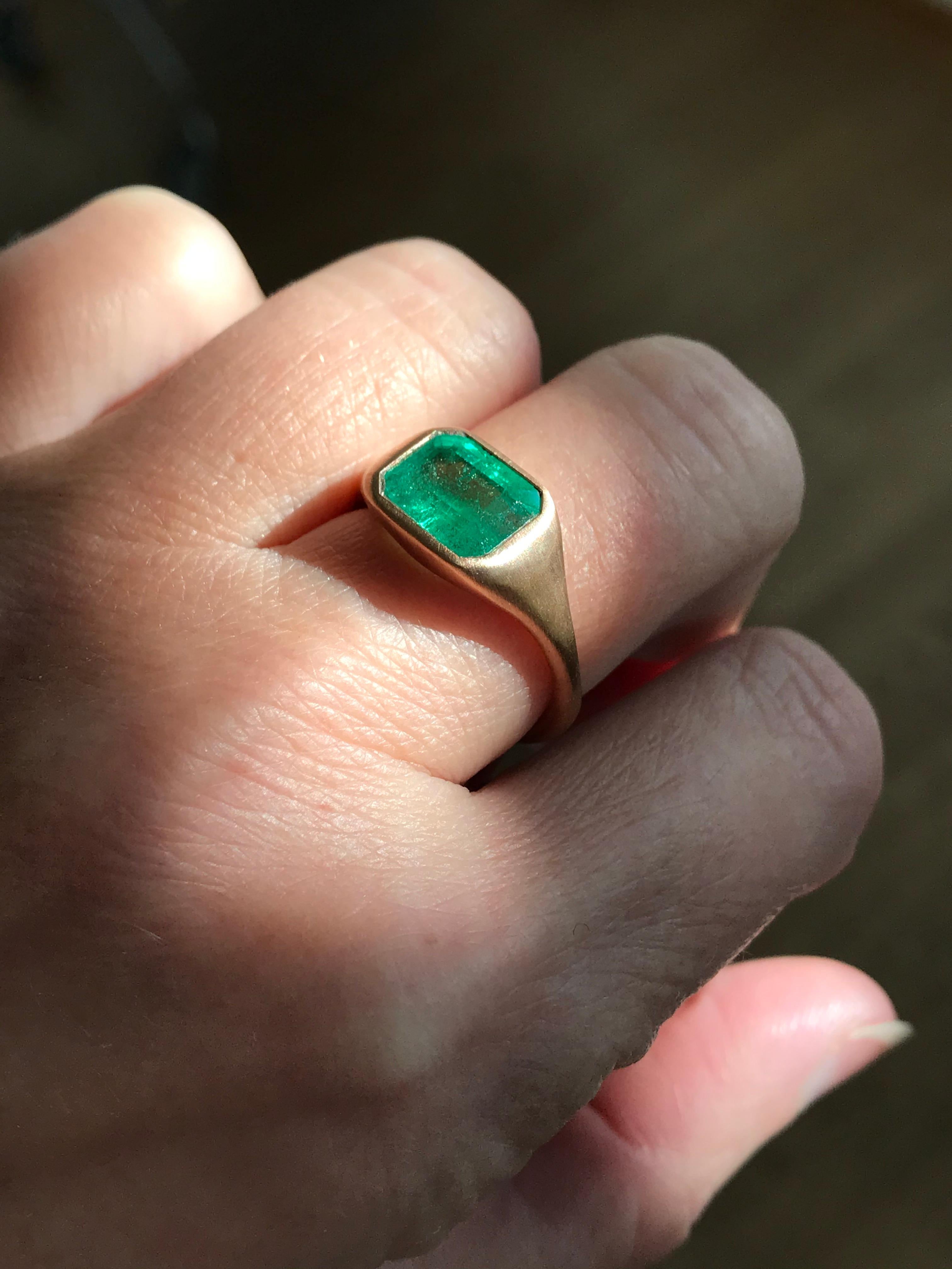 Dalben design One of a Kind 18k rose gold matte finishing ring with a 2,6 carat bezel-set emerald cut emerald. 
Ring size 6 3/4 USA - EU 54 re-sizable to most finger sizes. 
Bezel stone dimensions :
height 8,5 mm
width 11,4 mm
The ring has been