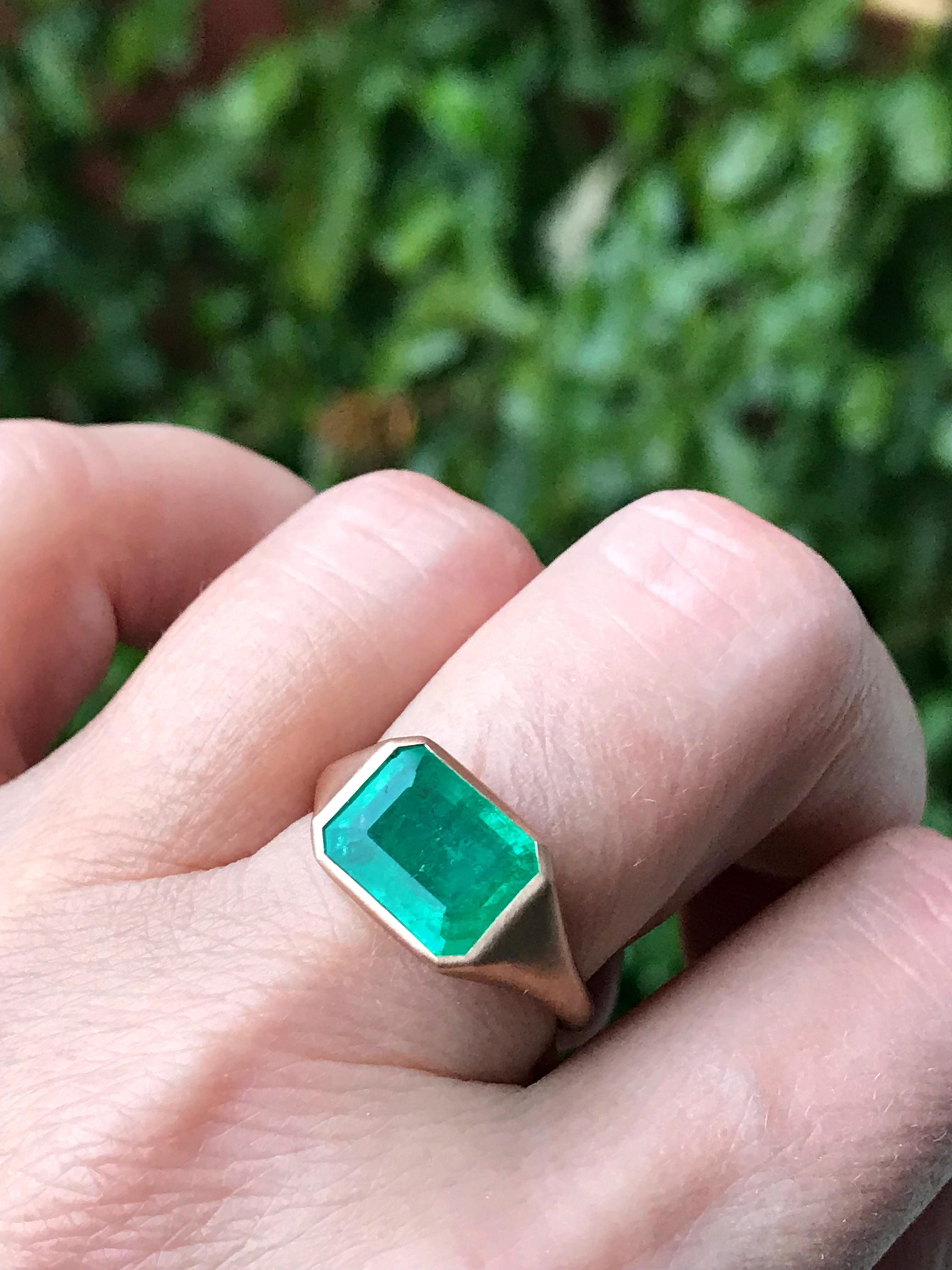 Dalben design One of a Kind 18k rose gold matte finishing ring with a 3,25 carat bezel-set emerald cut emerald. 
Ring size 7 1/4 USA - EU 55 re-sizable to most finger sizes. 
Bezel stone dimensions :
height 9,2 mm
width 12 mm
The ring has been