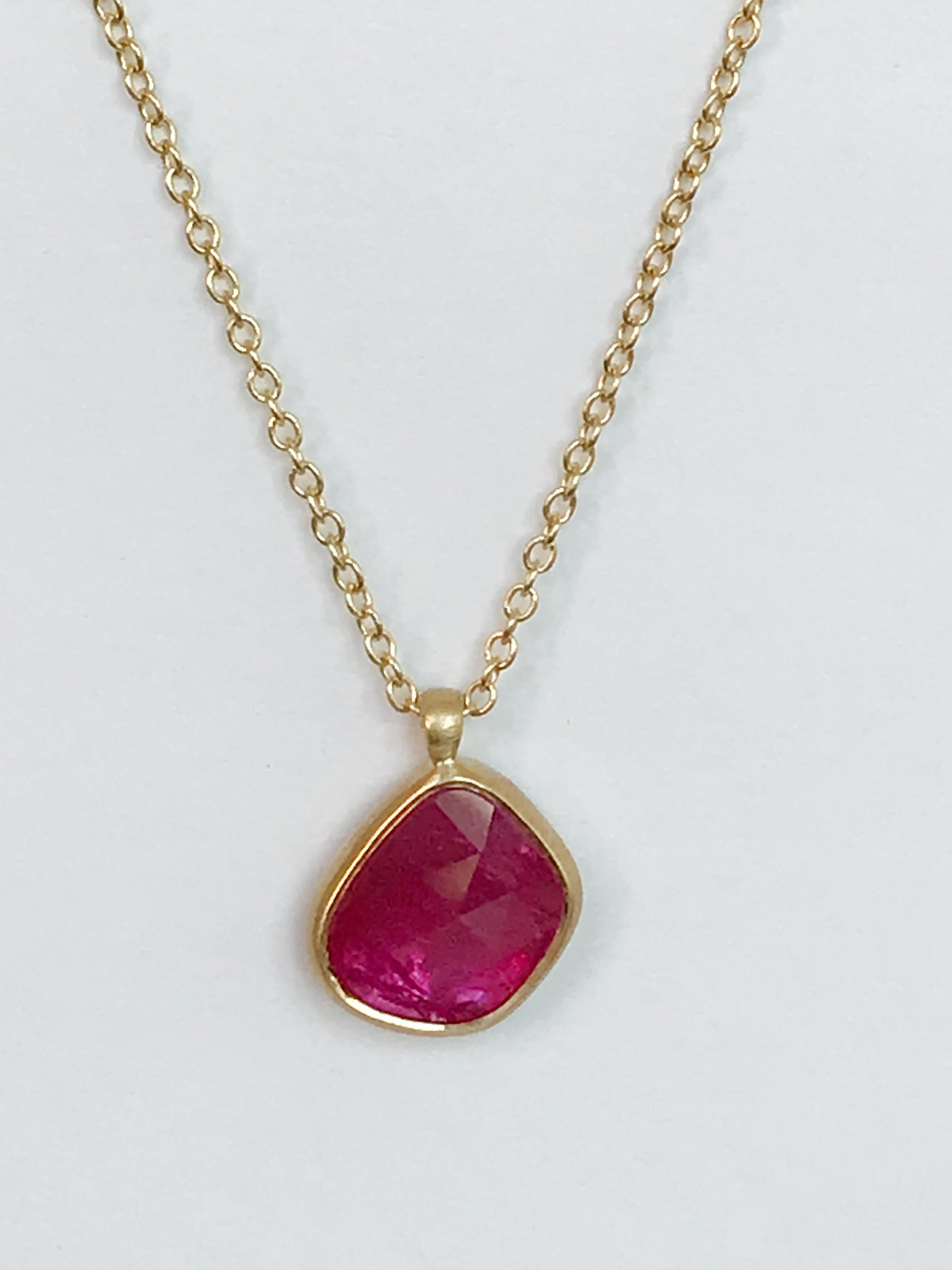 Contemporary Dalben Design Irregular Drop Shape Rose Cut Slice Ruby Yellow Gold Necklace