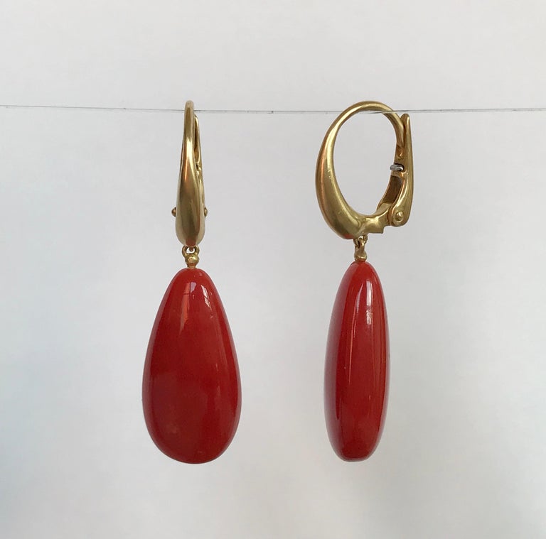 Pear Cut Dalben Design Mediterranean Long Drop Red Coral Yellow Gold Dangle Earring For Sale