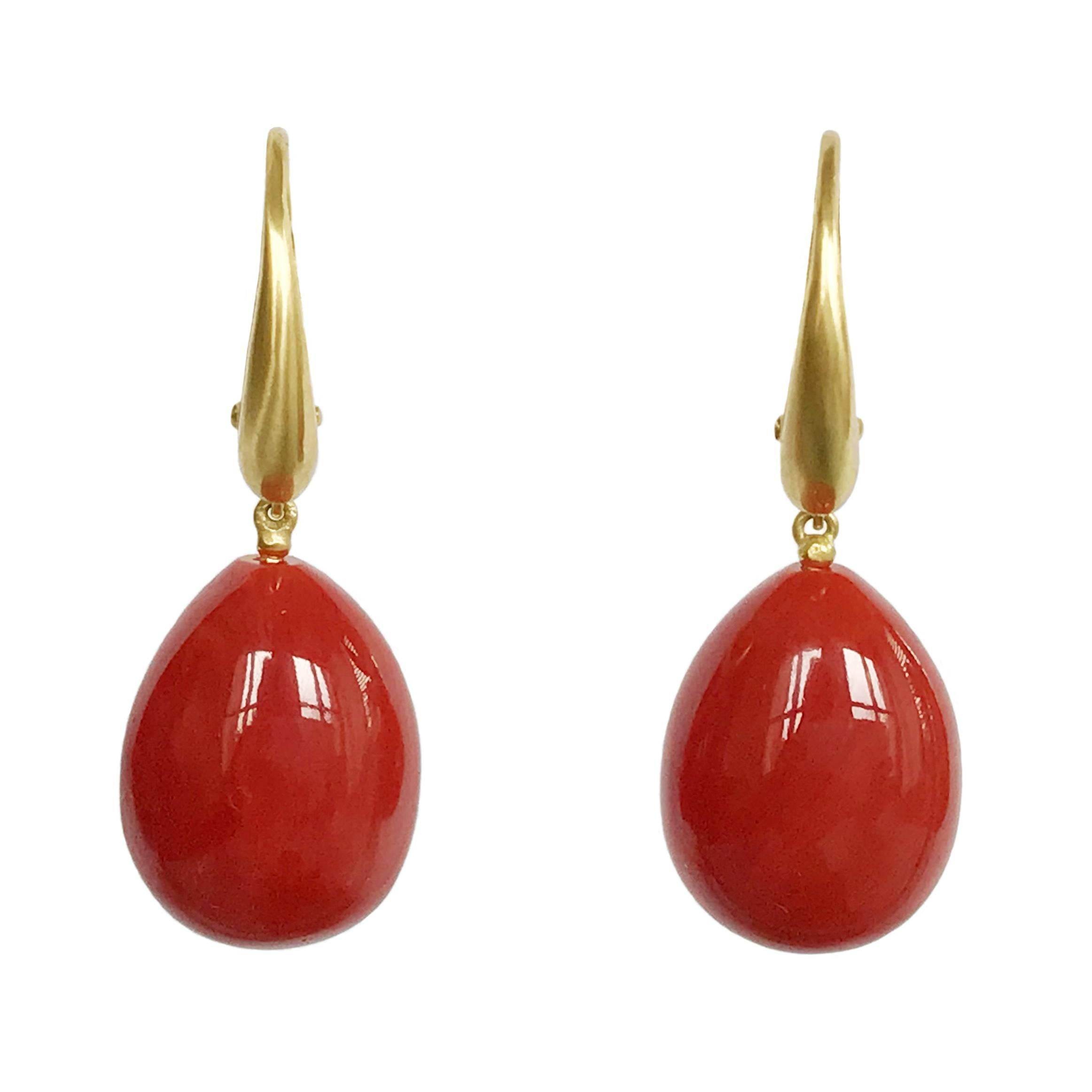 Dalben Design Mediterranean Red Coral Yellow Gold Dangle Earring