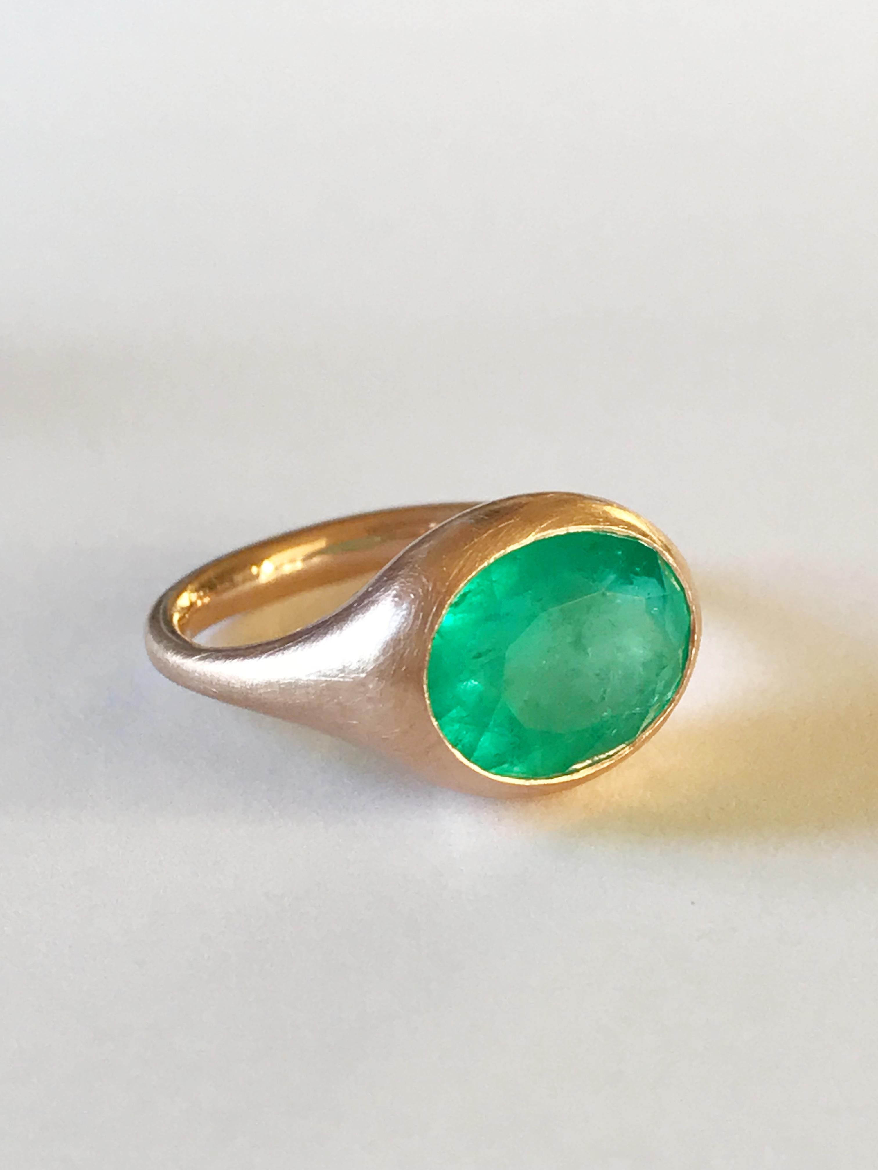 Dalben design One of a Kind 18k rose gold matte finishing ring with a light green 5,26 carat bezel-set oval faceted cut emerald. 
Ring size 7 1/4 USA - EU 55 re-sizable to most finger sizes. 
Bezel stone dimensions :
height 11,7 mm
width 14,4 mm
The