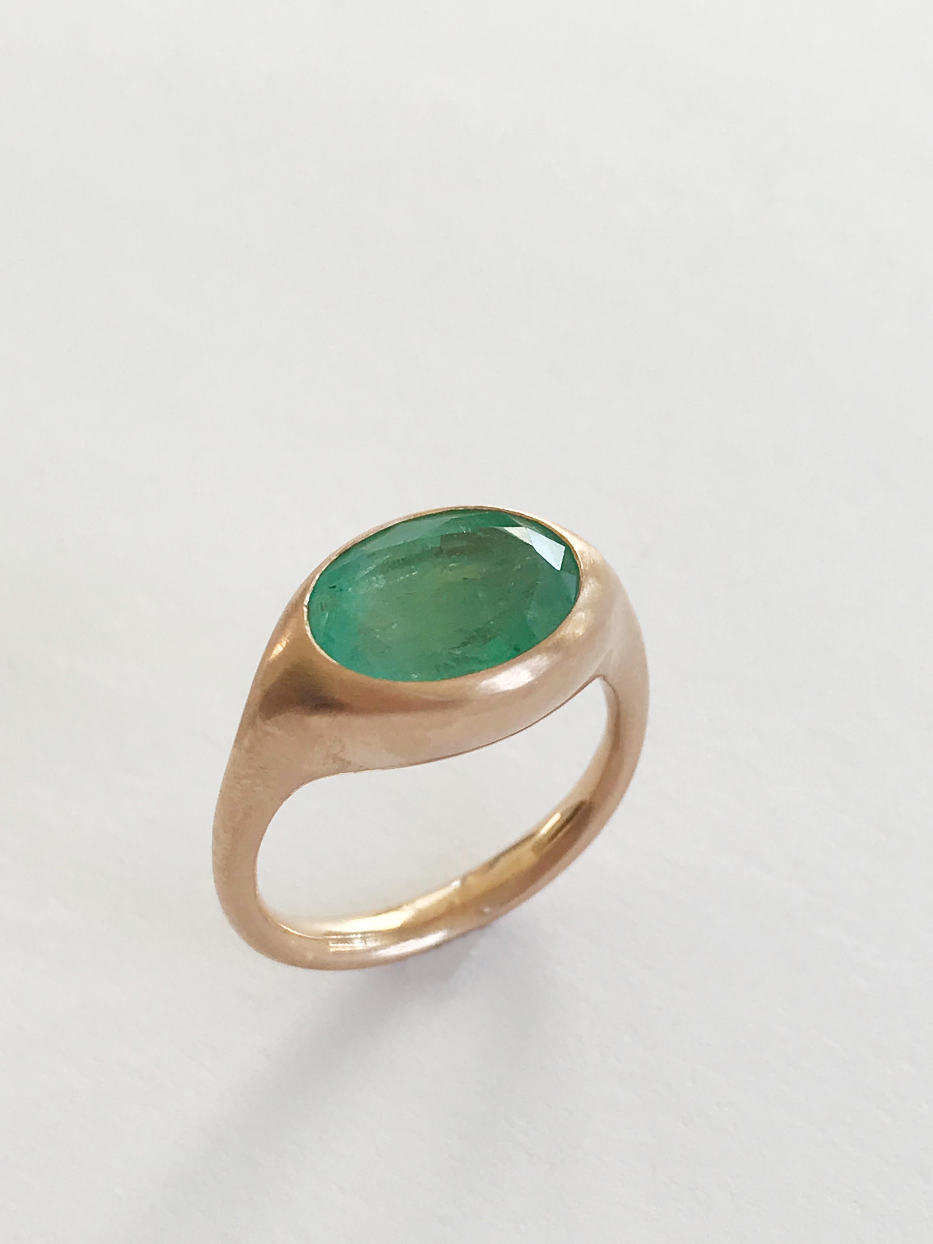 Dalben design One of a Kind 18k rose gold matte finishing ring with a light green 3,44 carat bezel-set oval faceted cut emerald. 
Ring size 7 USA - EU 54 re-sizable to most finger sizes. 
Bezel stone dimensions :
height 9,4 mm
width 12,9 mm
The ring