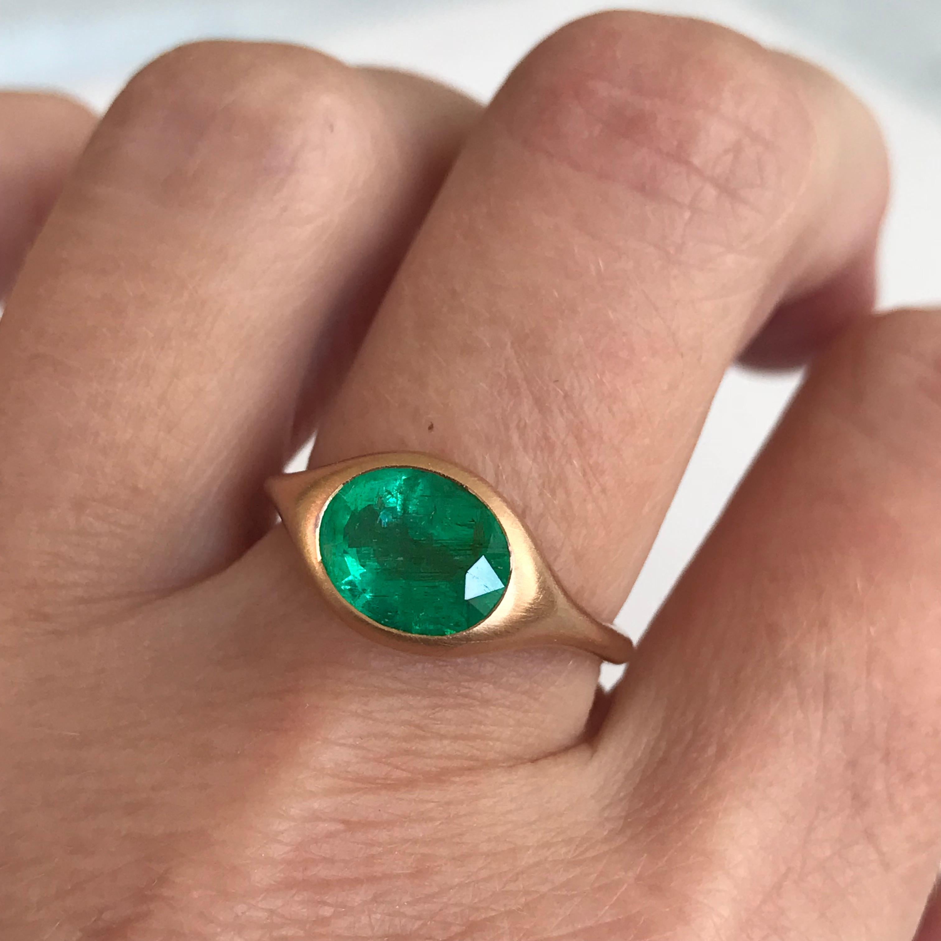 Dalben design One of a Kind 18k rose gold matte finishing ring with a light green 2,29 carat bezel-set oval faceted cut emerald. 
Ring size 7 USA - EU 54 re-sizable to most finger sizes. 
Bezel stone dimensions :
height 9 mm
width 12 mm
The ring has