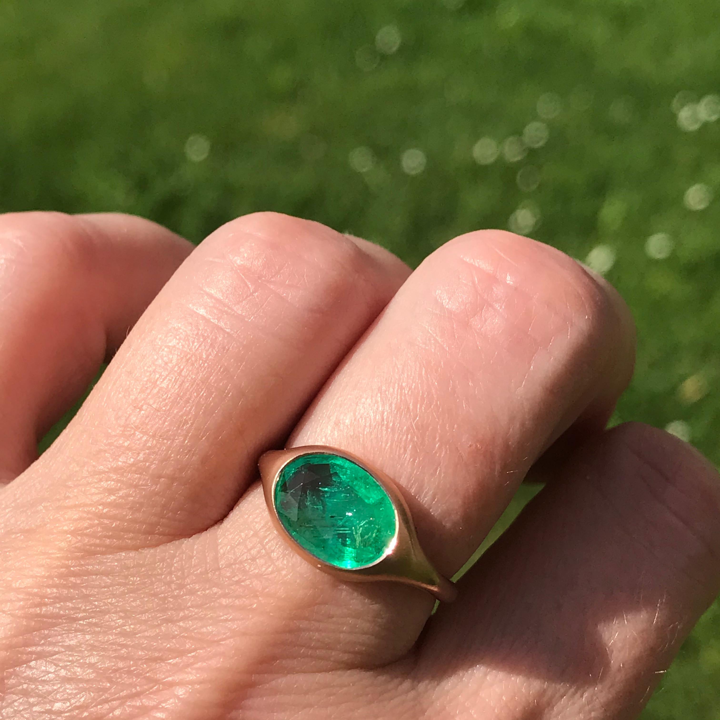 Dalben design One of a Kind 18k rose gold matte finishing ring with a light green 2,16 carat bezel-set oval faceted cut emerald. 
Ring size 7 1/4 USA - EU 55 re-sizable to most finger sizes. 
Bezel stone dimensions :
height 9,5 mm
width 14 mm
The