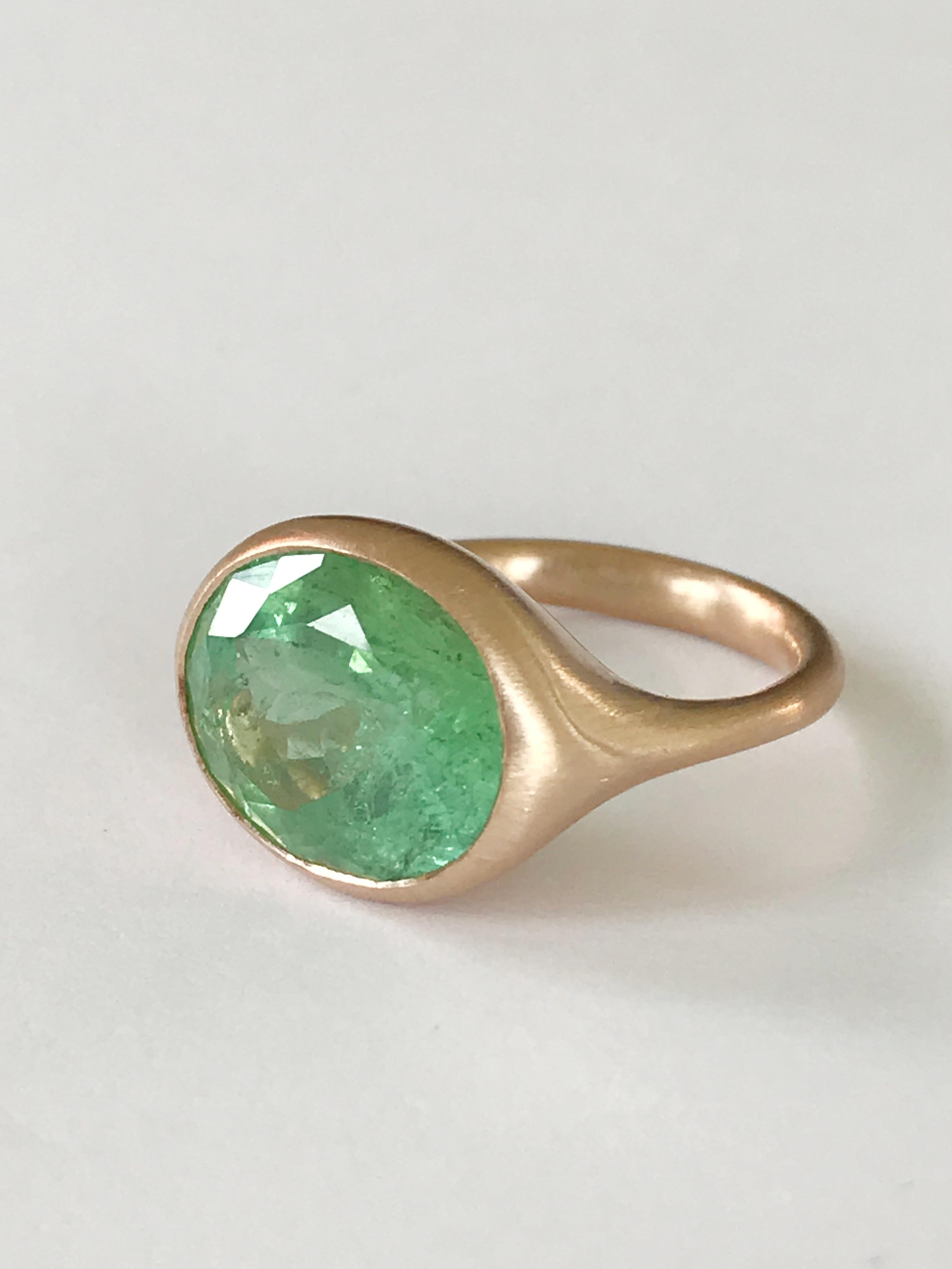Dalben design  18k rose gold matte finishing ring with a light green 7,29 carat bezel-set oval faceted cut Tourmaline. 
The tourmaline have some  natural inclusions.
Ring size 7 1/4 USA - EU 55 re-sizable to most finger sizes. 
Bezel stone