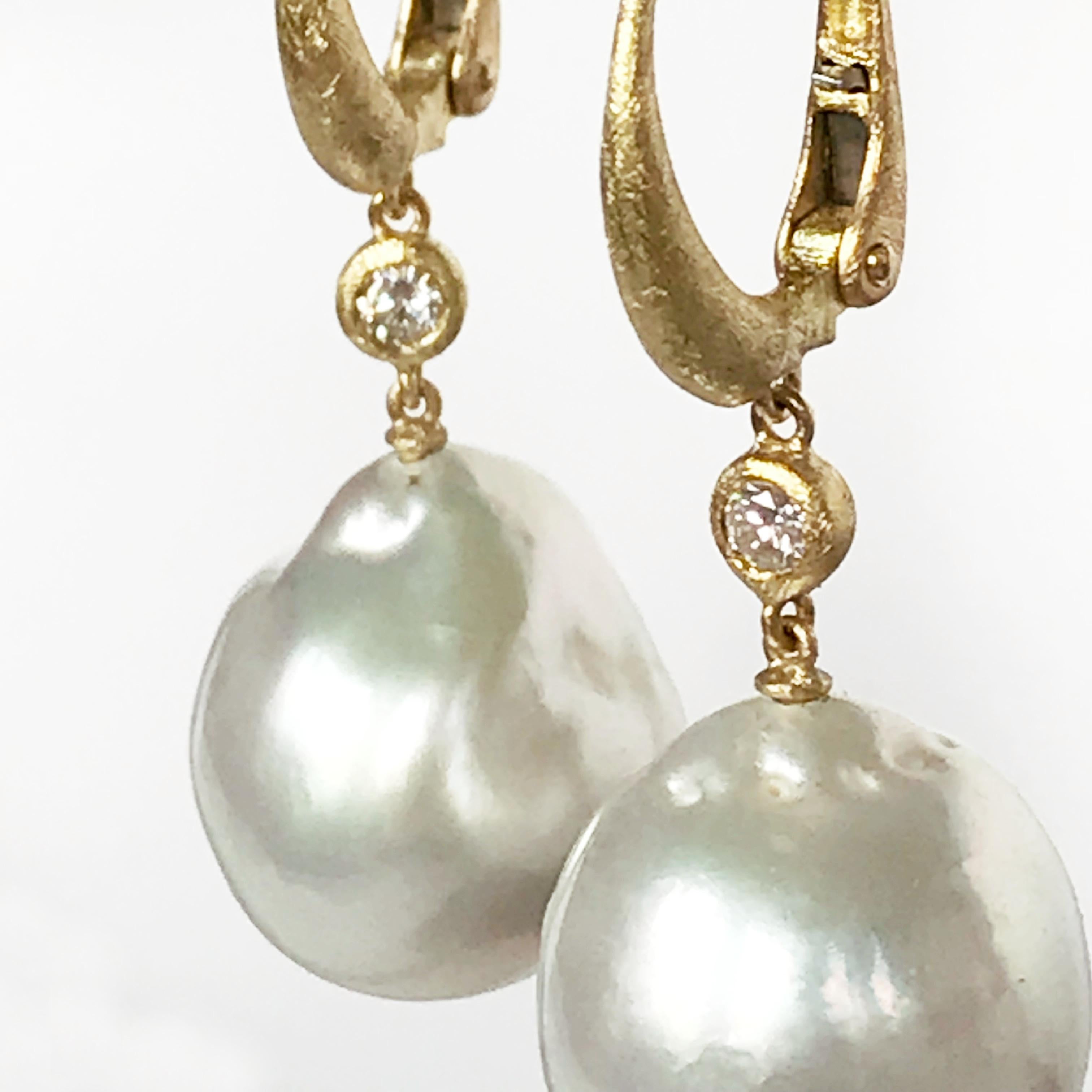 Bead Dalben Design South Sea Baroque Pearl and Diamond Yellow Gold Dangle Earrings For Sale