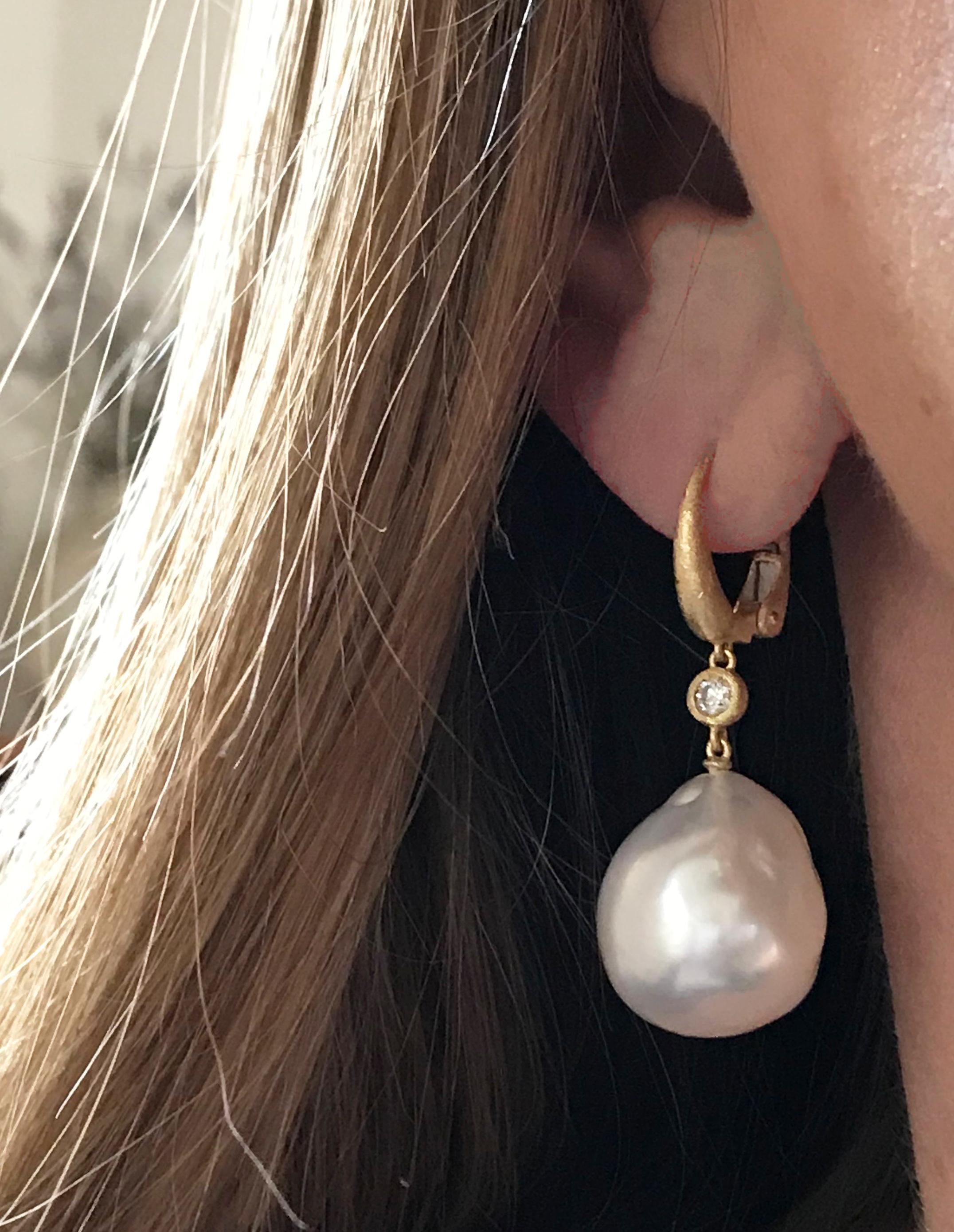 Women's Dalben Design South Sea Baroque Pearl and Diamond Yellow Gold Dangle Earrings For Sale